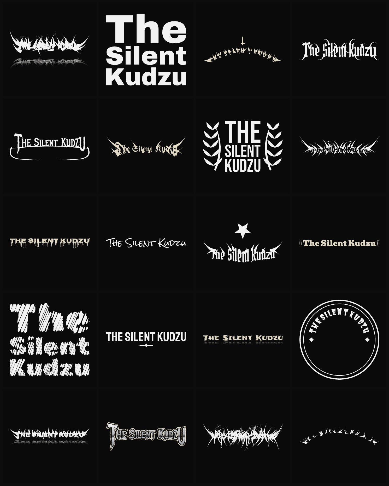 Twenty The Silent Kudzu band logo ideas — different faces, treatments and spike settings