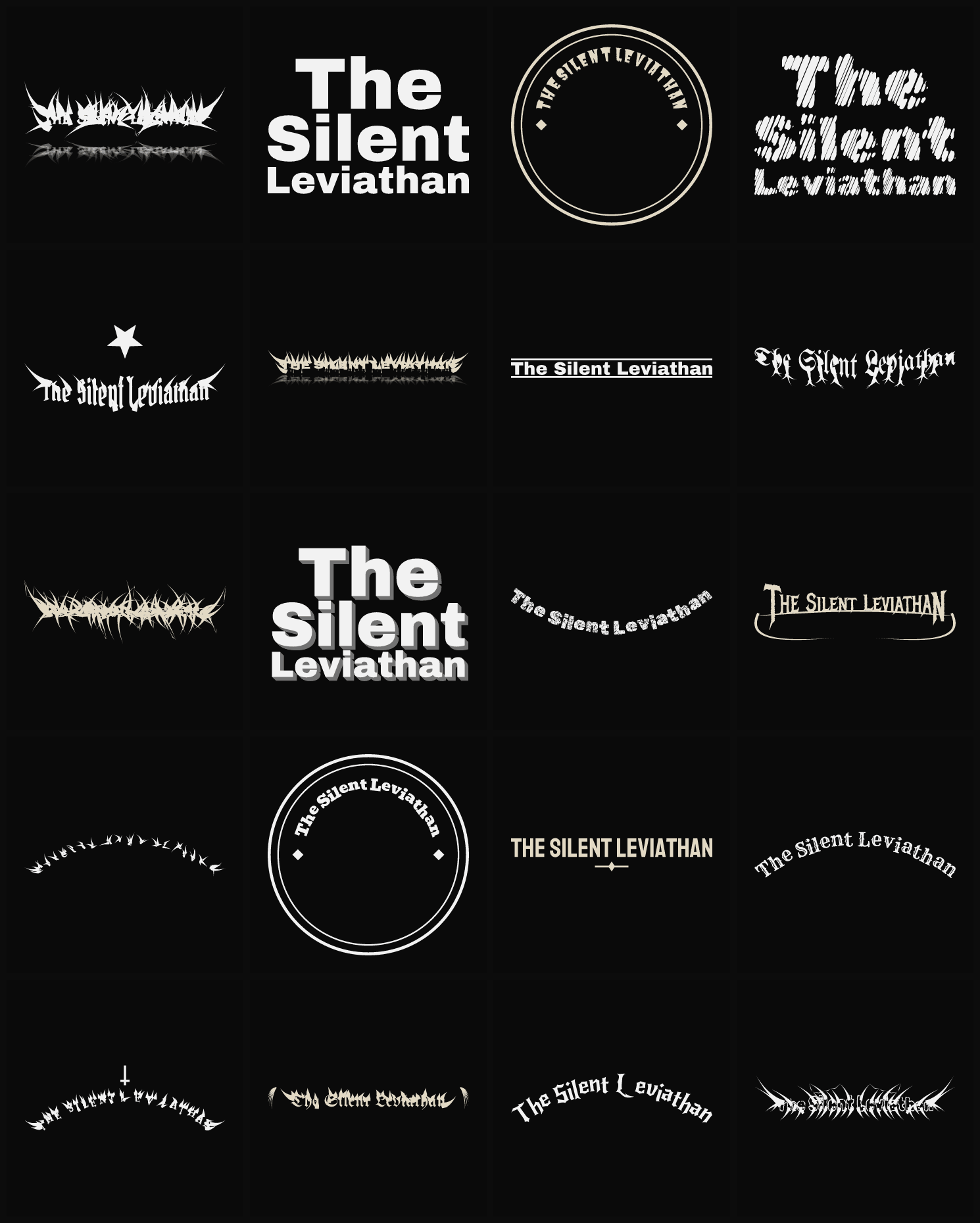 Twenty The Silent Leviathan band logo ideas — different faces, treatments and spike settings