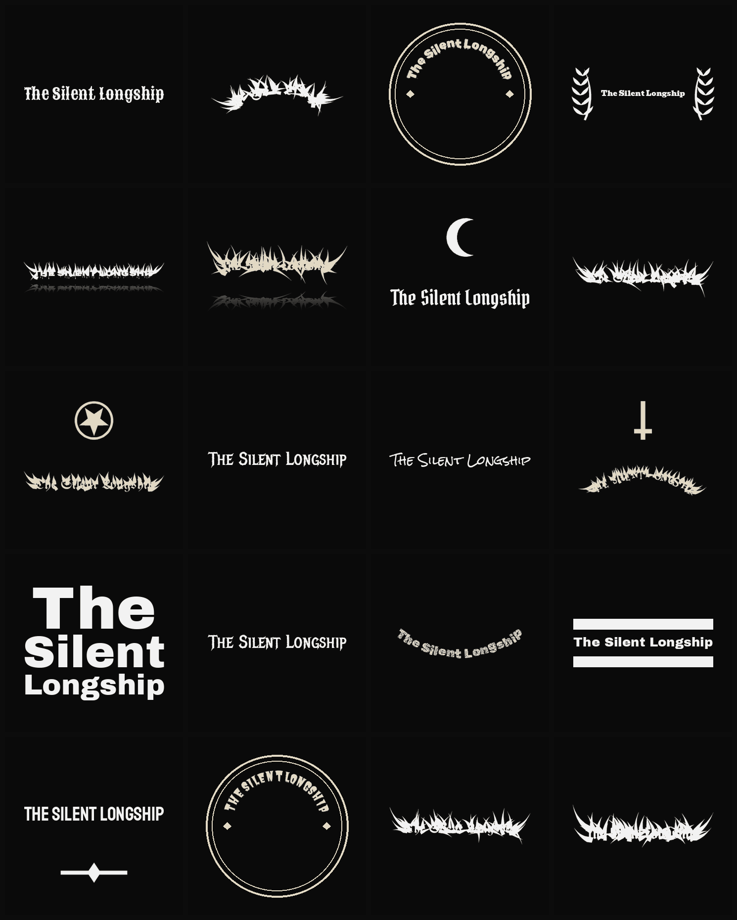Twenty The Silent Longship band logo ideas — different faces, treatments and spike settings