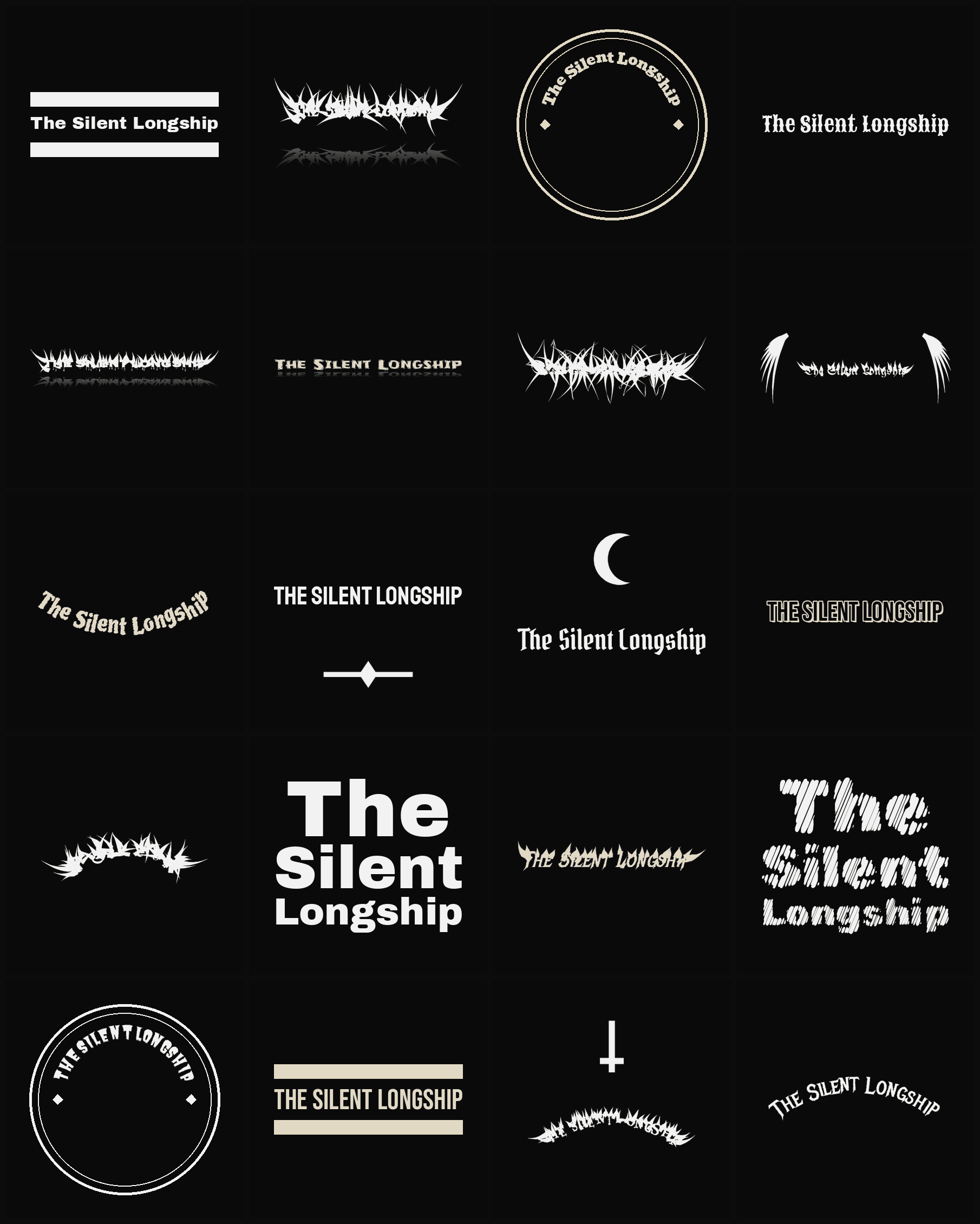 Twenty The Silent Longship band logo ideas — different faces, treatments and spike settings