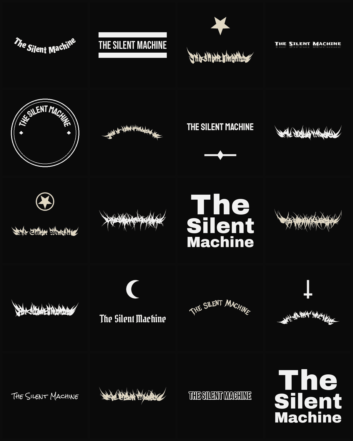 Twenty The Silent Machine band logo ideas — different faces, treatments and spike settings