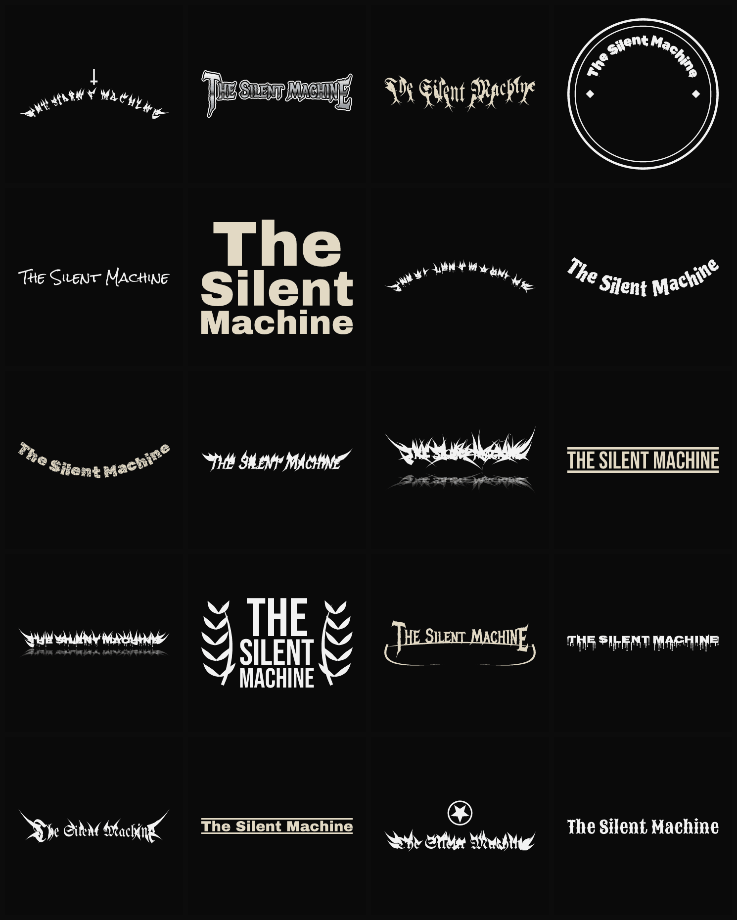 Twenty The Silent Machine band logo ideas — different faces, treatments and spike settings