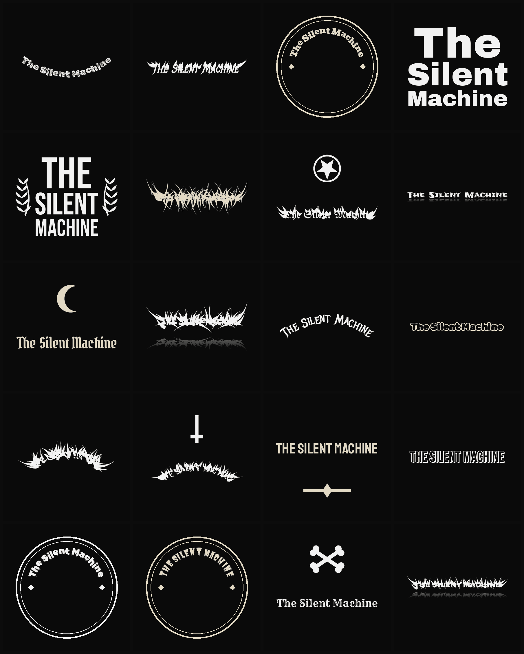 Twenty The Silent Machine band logo ideas — different faces, treatments and spike settings