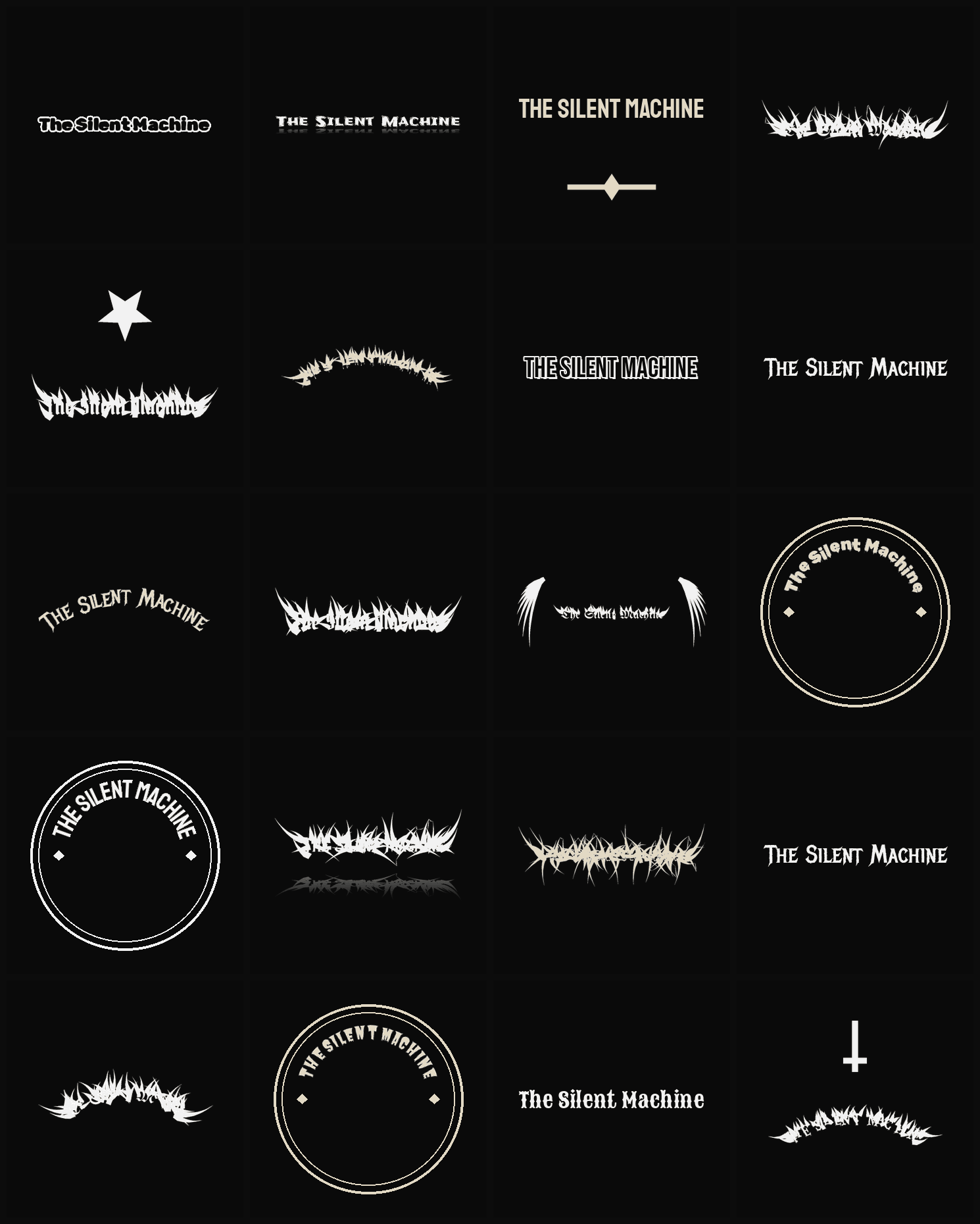 Twenty The Silent Machine band logo ideas — different faces, treatments and spike settings