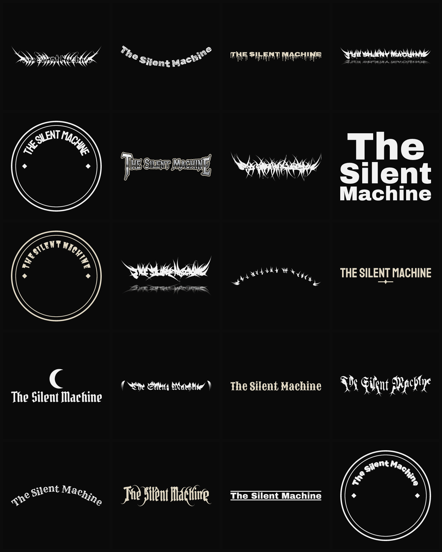 Twenty The Silent Machine band logo ideas — different faces, treatments and spike settings
