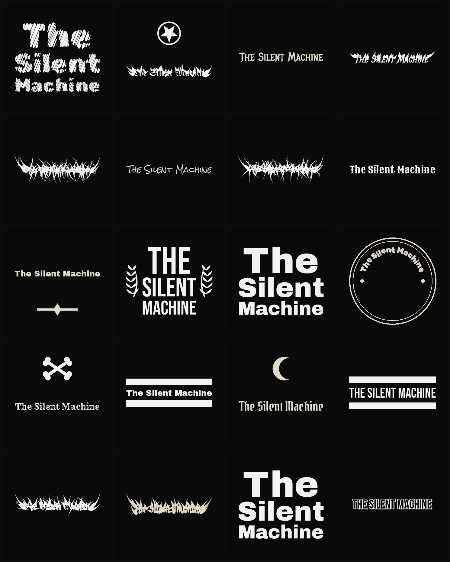 Twenty The Silent Machine band logo ideas — different faces, treatments and spike settings
