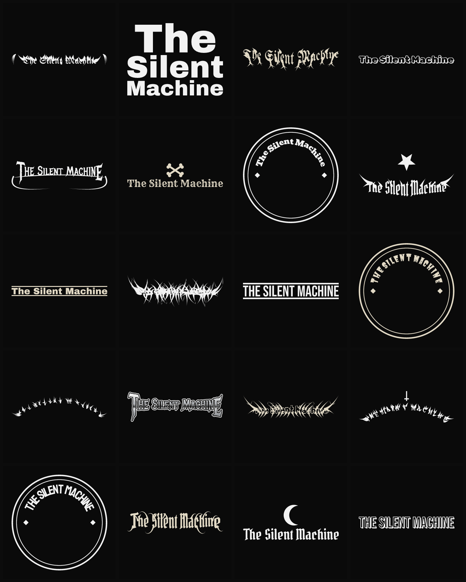 Twenty The Silent Machine band logo ideas — different faces, treatments and spike settings