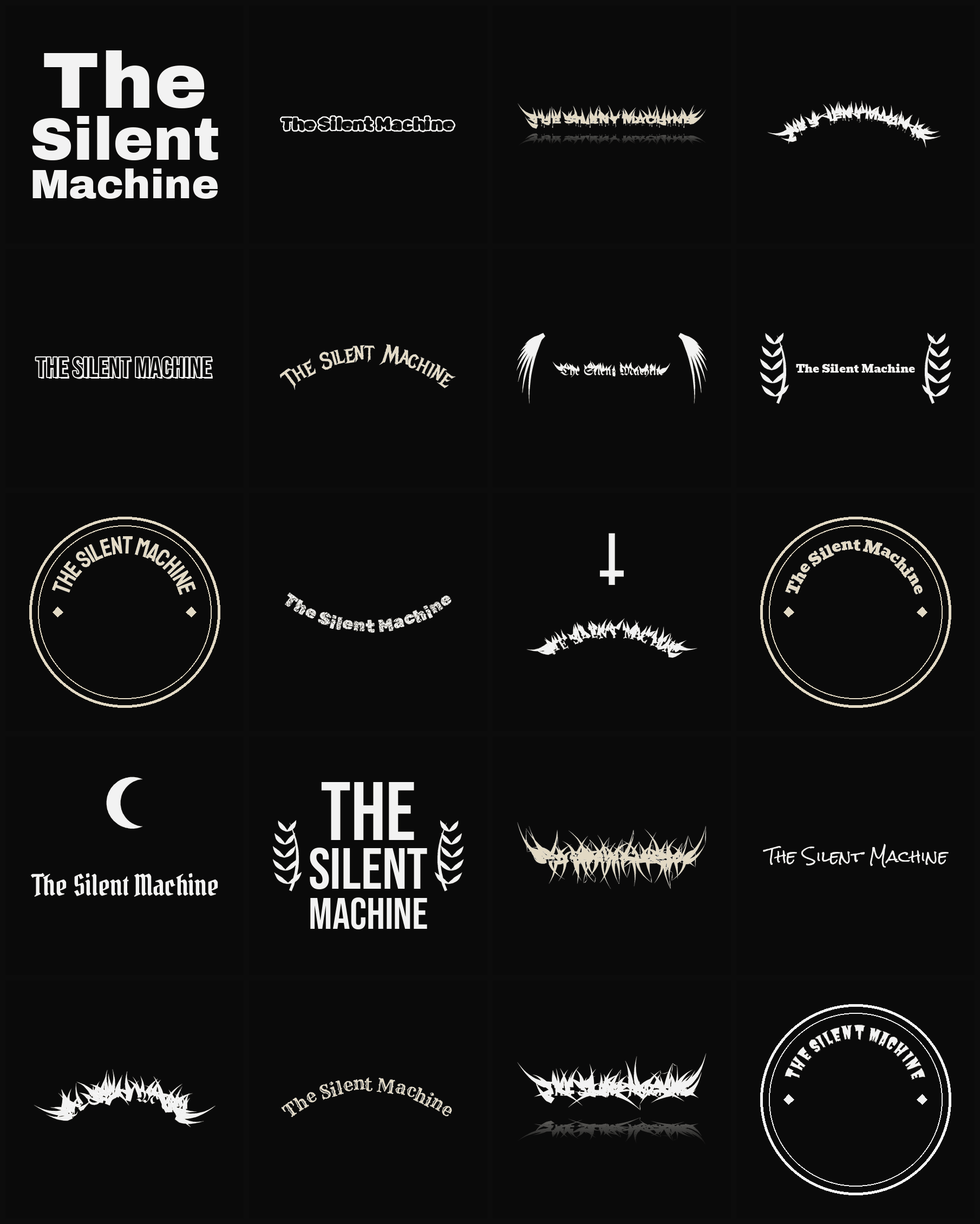Twenty The Silent Machine band logo ideas — different faces, treatments and spike settings