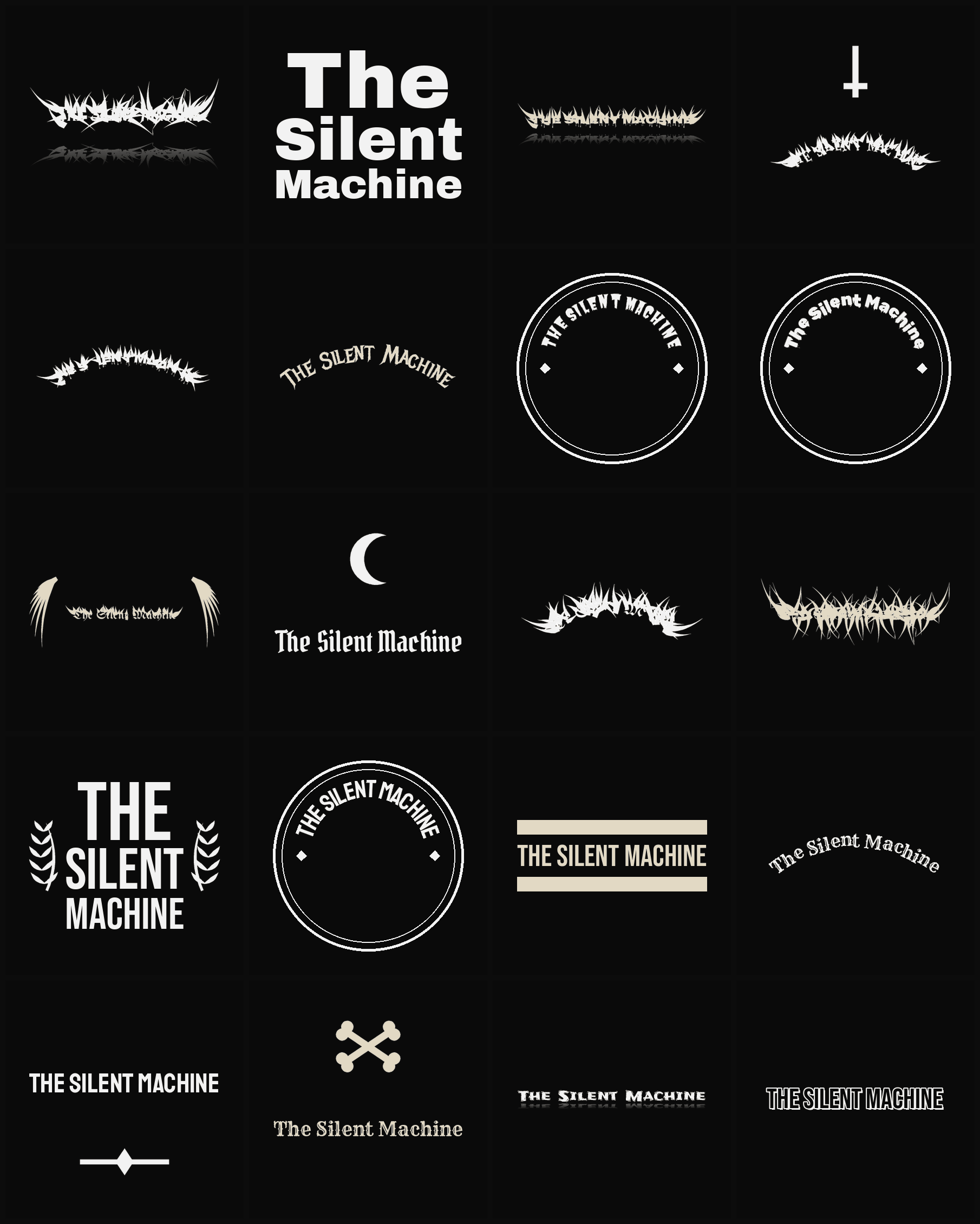 Twenty The Silent Machine band logo ideas — different faces, treatments and spike settings