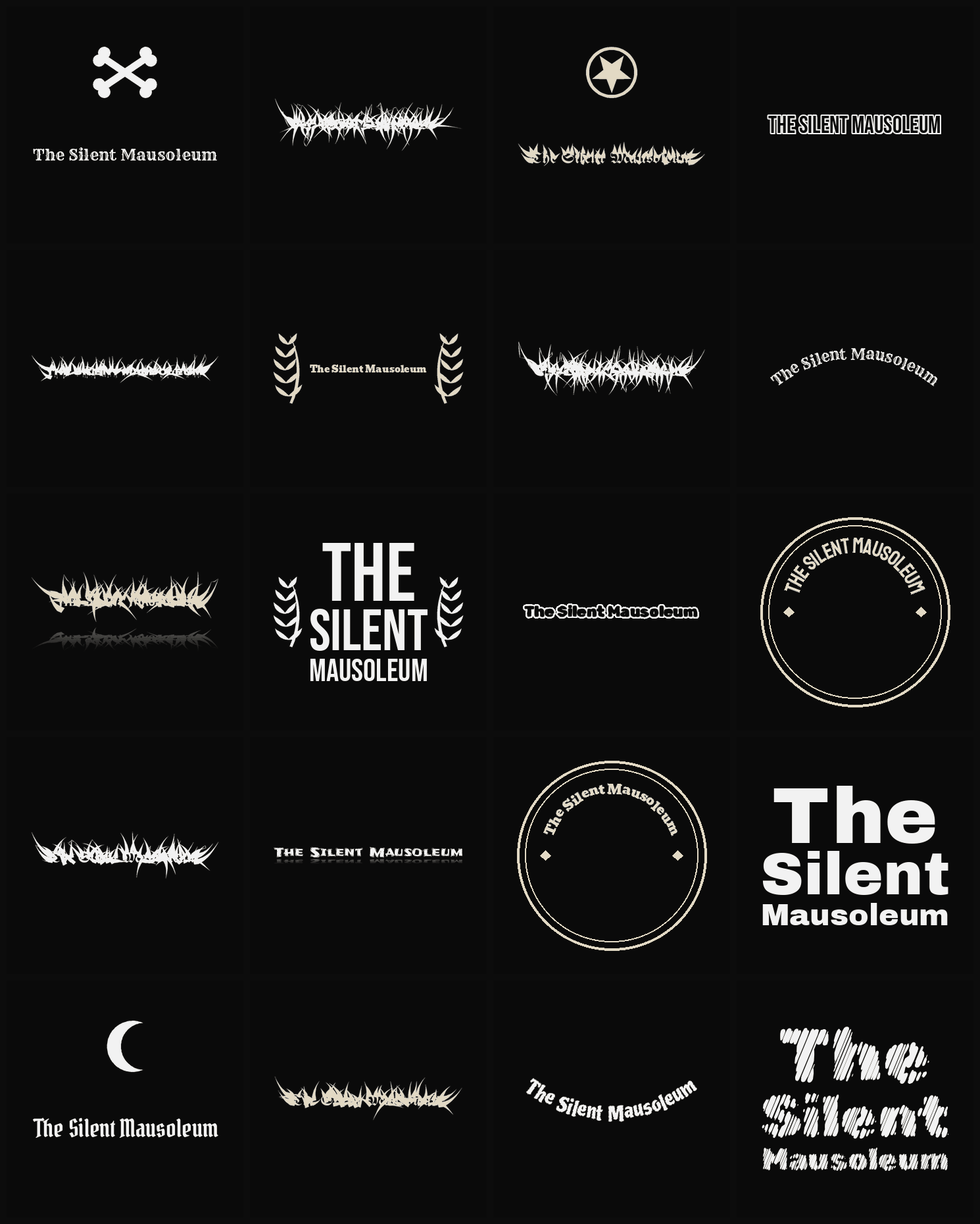 Twenty The Silent Mausoleum band logo ideas — different faces, treatments and spike settings