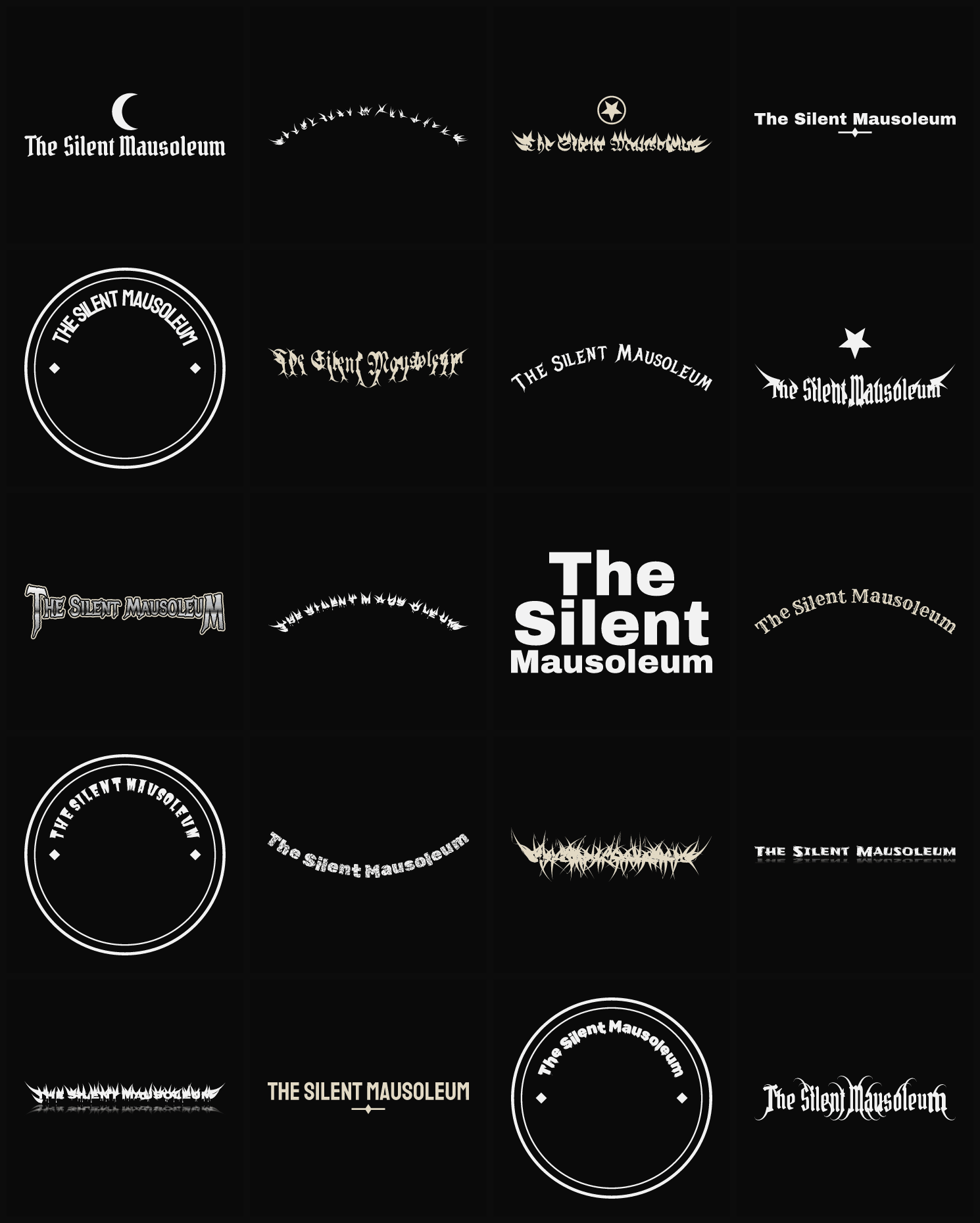 Twenty The Silent Mausoleum band logo ideas — different faces, treatments and spike settings