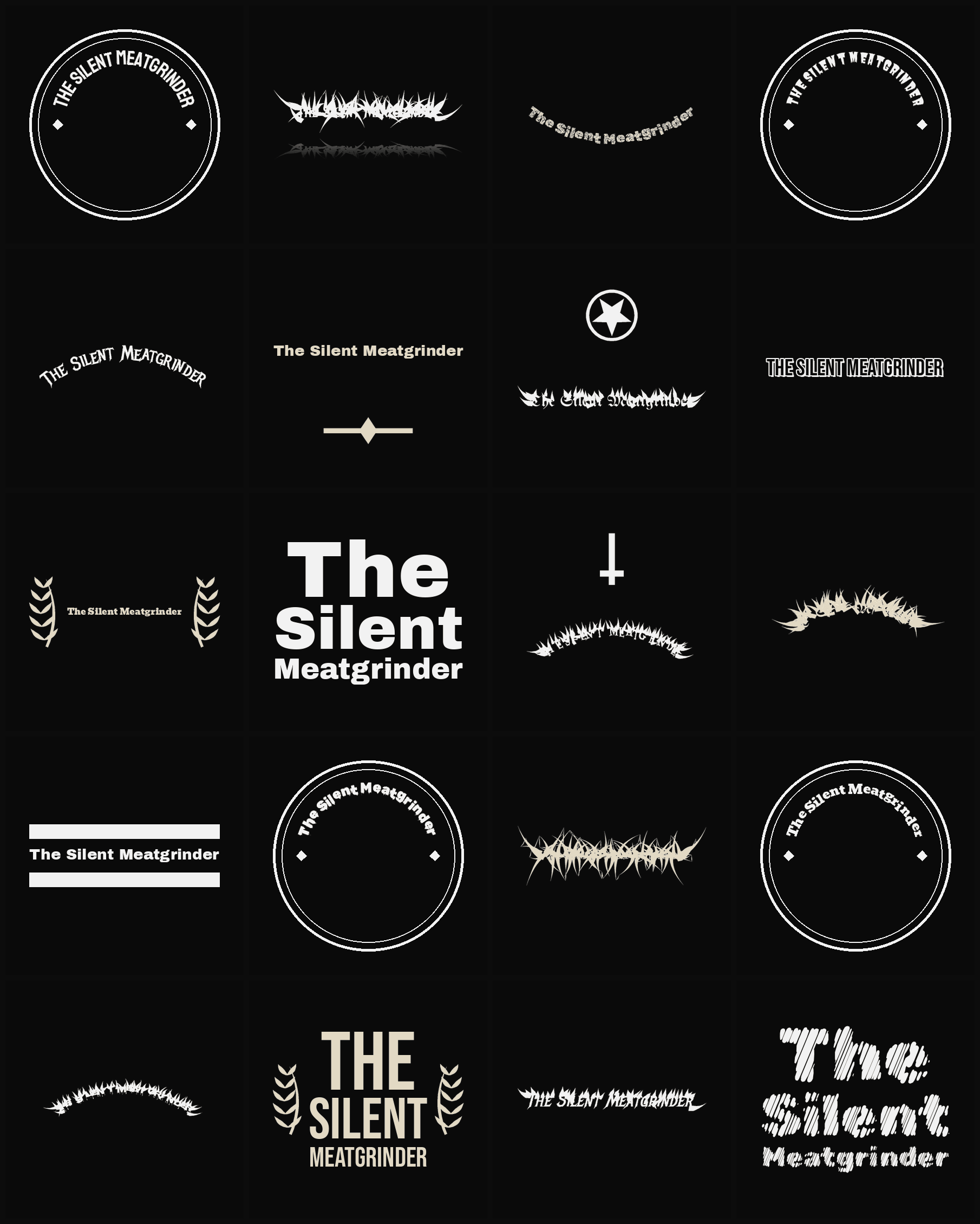 Twenty The Silent Meatgrinder band logo ideas — different faces, treatments and spike settings