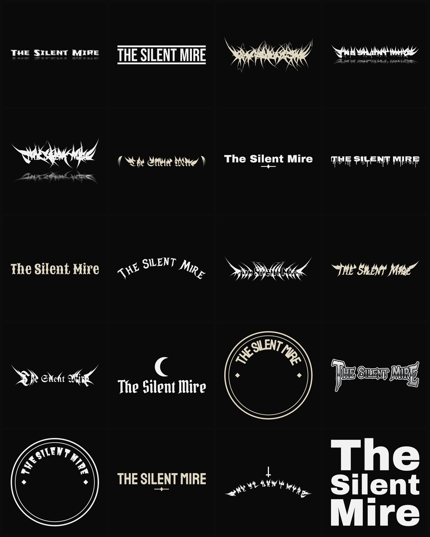 Twenty The Silent Mire band logo ideas — different faces, treatments and spike settings
