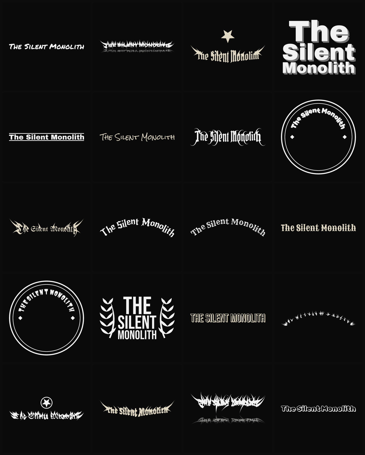 Twenty The Silent Monolith band logo ideas — different faces, treatments and spike settings