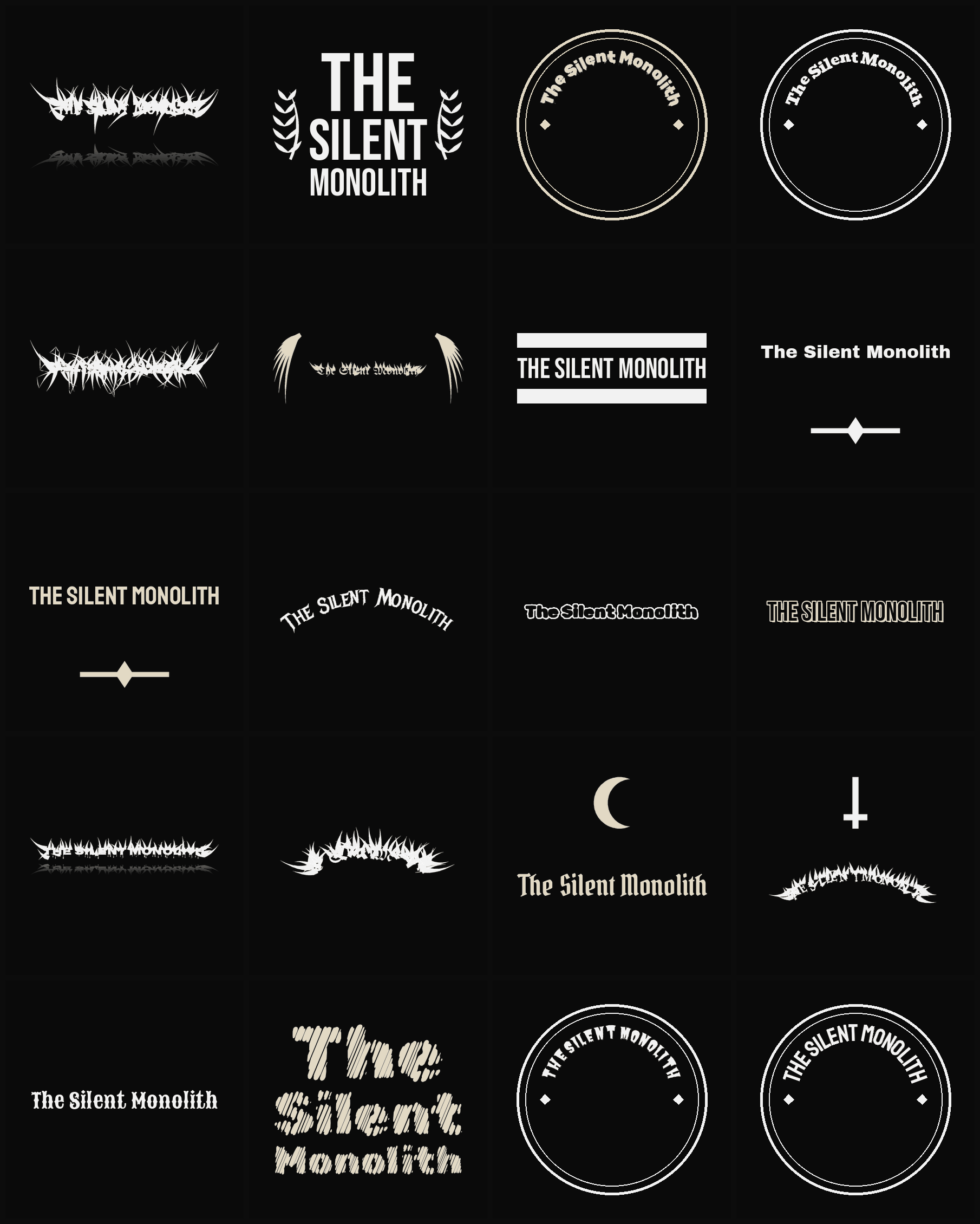 Twenty The Silent Monolith band logo ideas — different faces, treatments and spike settings