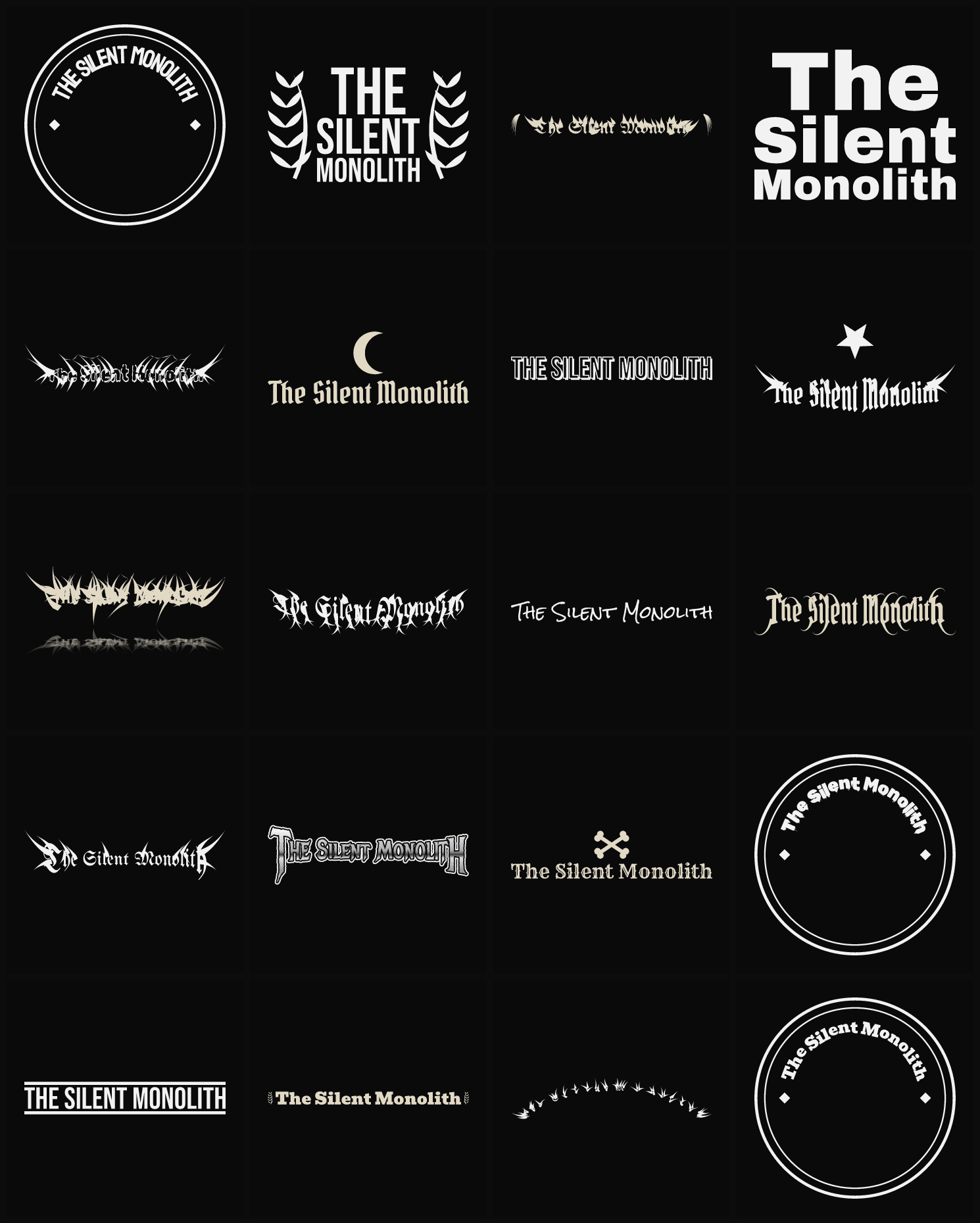 Twenty The Silent Monolith band logo ideas — different faces, treatments and spike settings