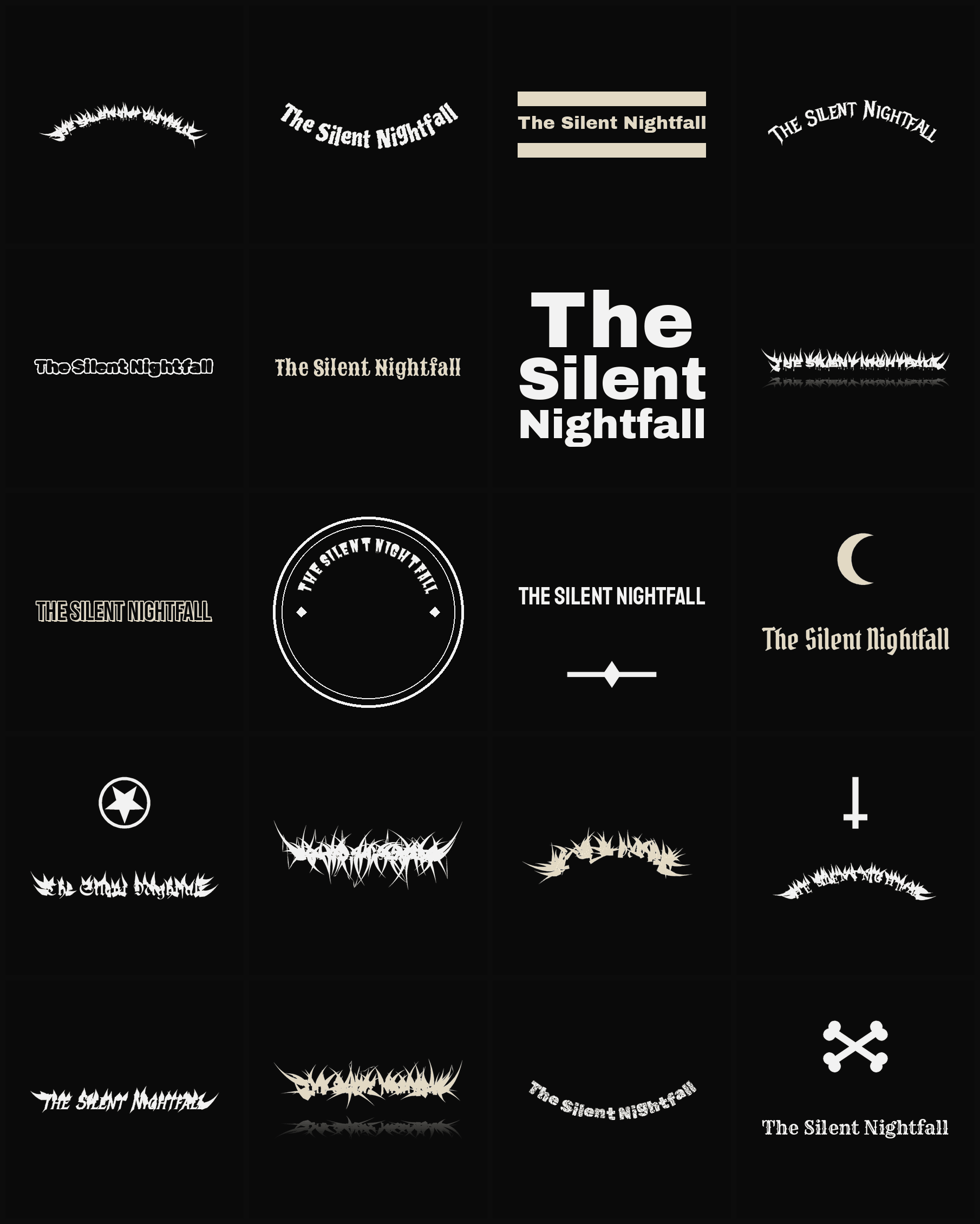 Twenty The Silent Nightfall band logo ideas — different faces, treatments and spike settings