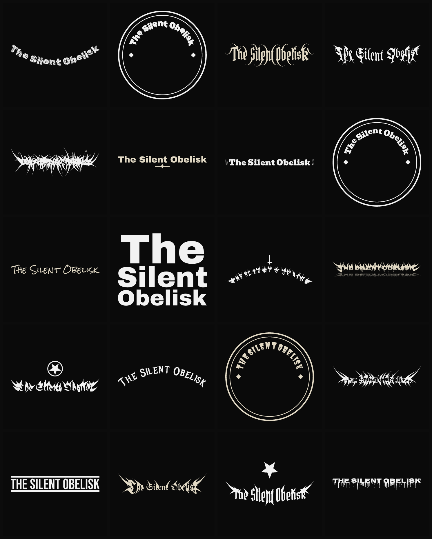 Twenty The Silent Obelisk band logo ideas — different faces, treatments and spike settings