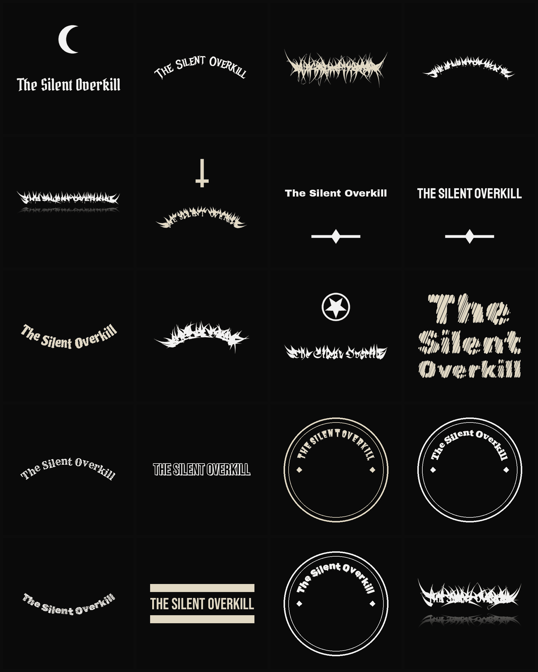 Twenty The Silent Overkill band logo ideas — different faces, treatments and spike settings