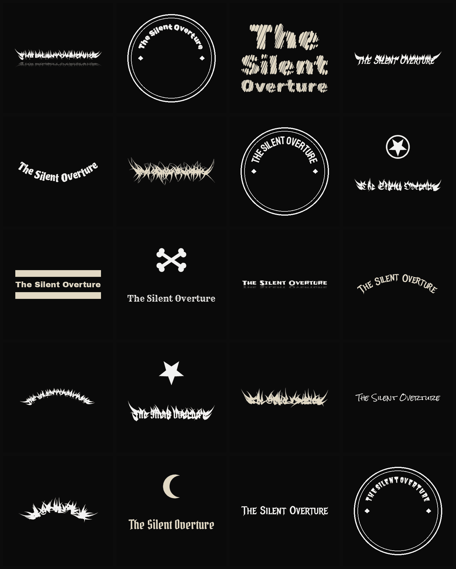 Twenty The Silent Overture band logo ideas — different faces, treatments and spike settings