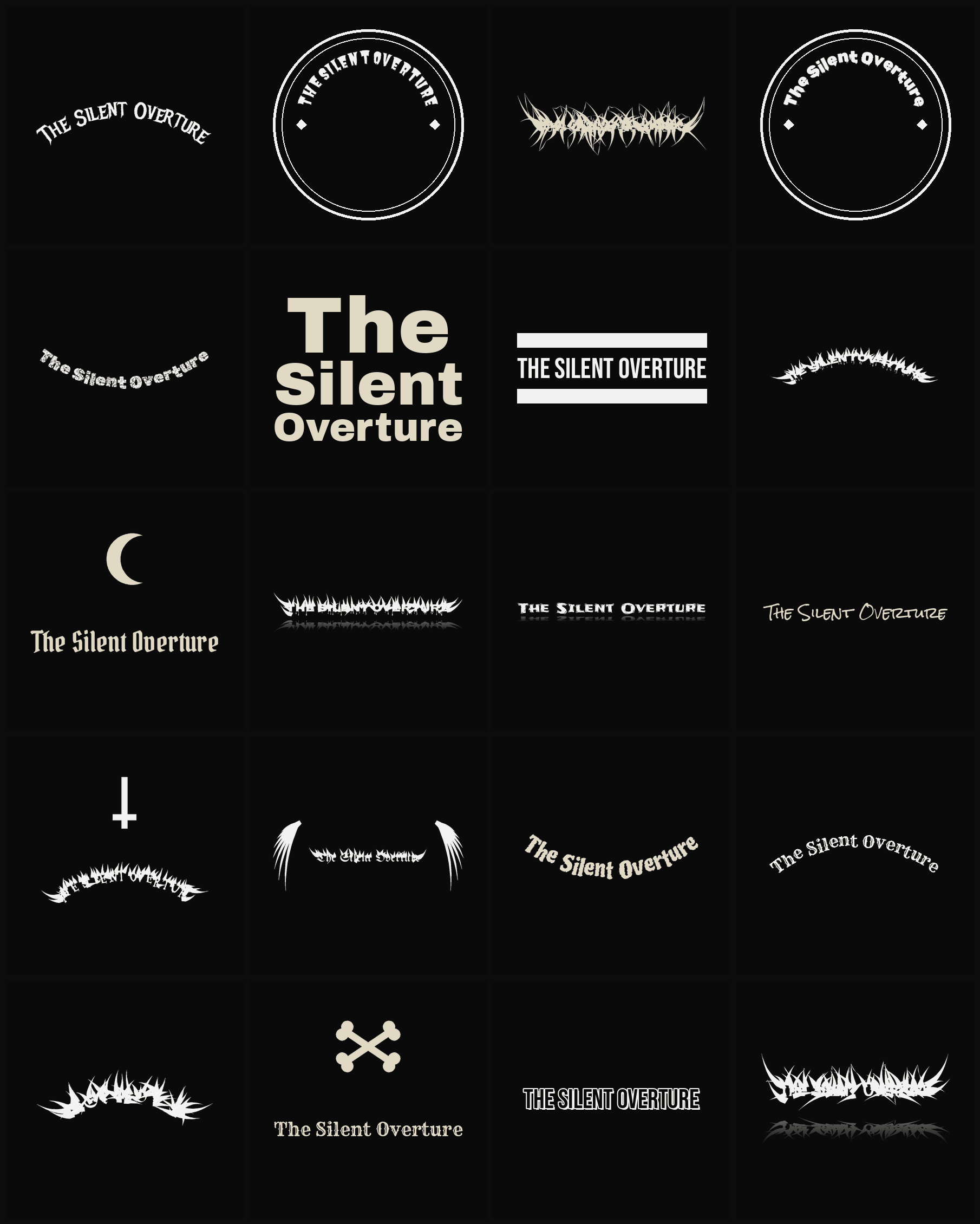Twenty The Silent Overture band logo ideas — different faces, treatments and spike settings