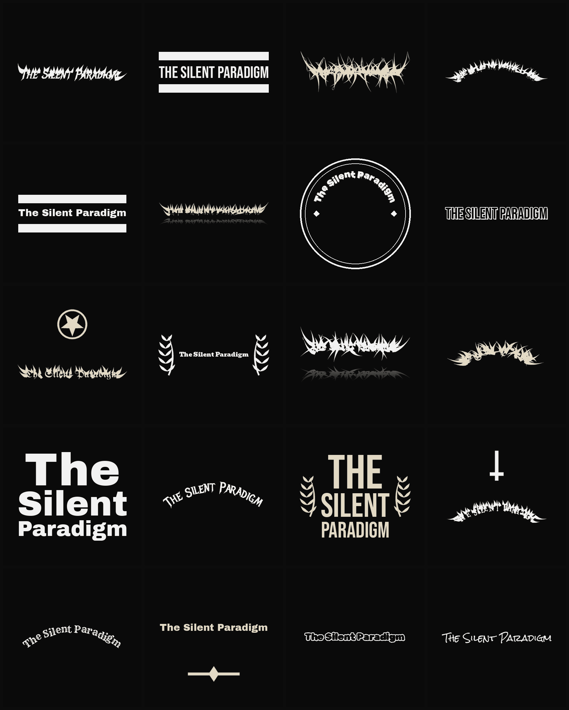 Twenty The Silent Paradigm band logo ideas — different faces, treatments and spike settings