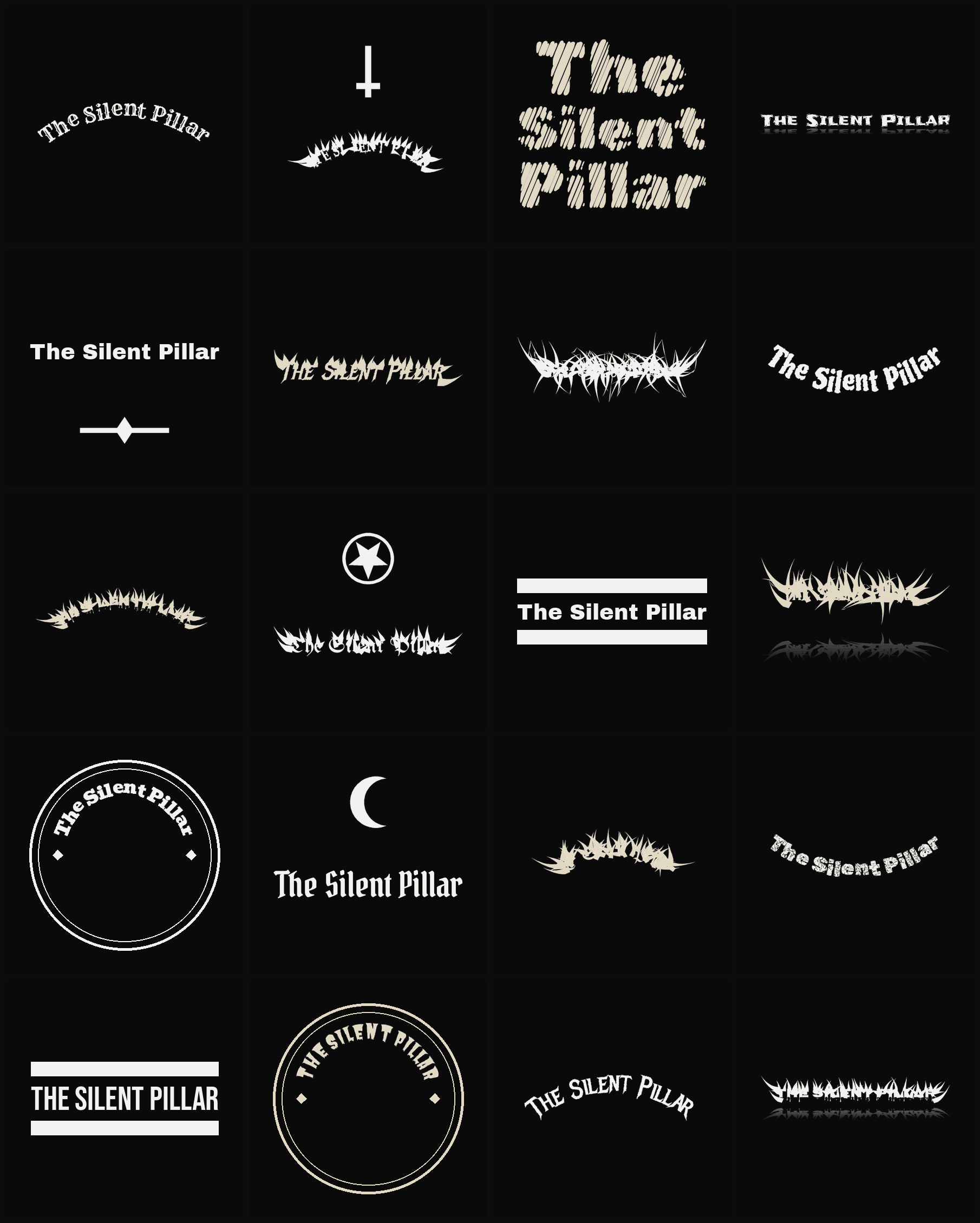 Twenty The Silent Pillar band logo ideas — different faces, treatments and spike settings
