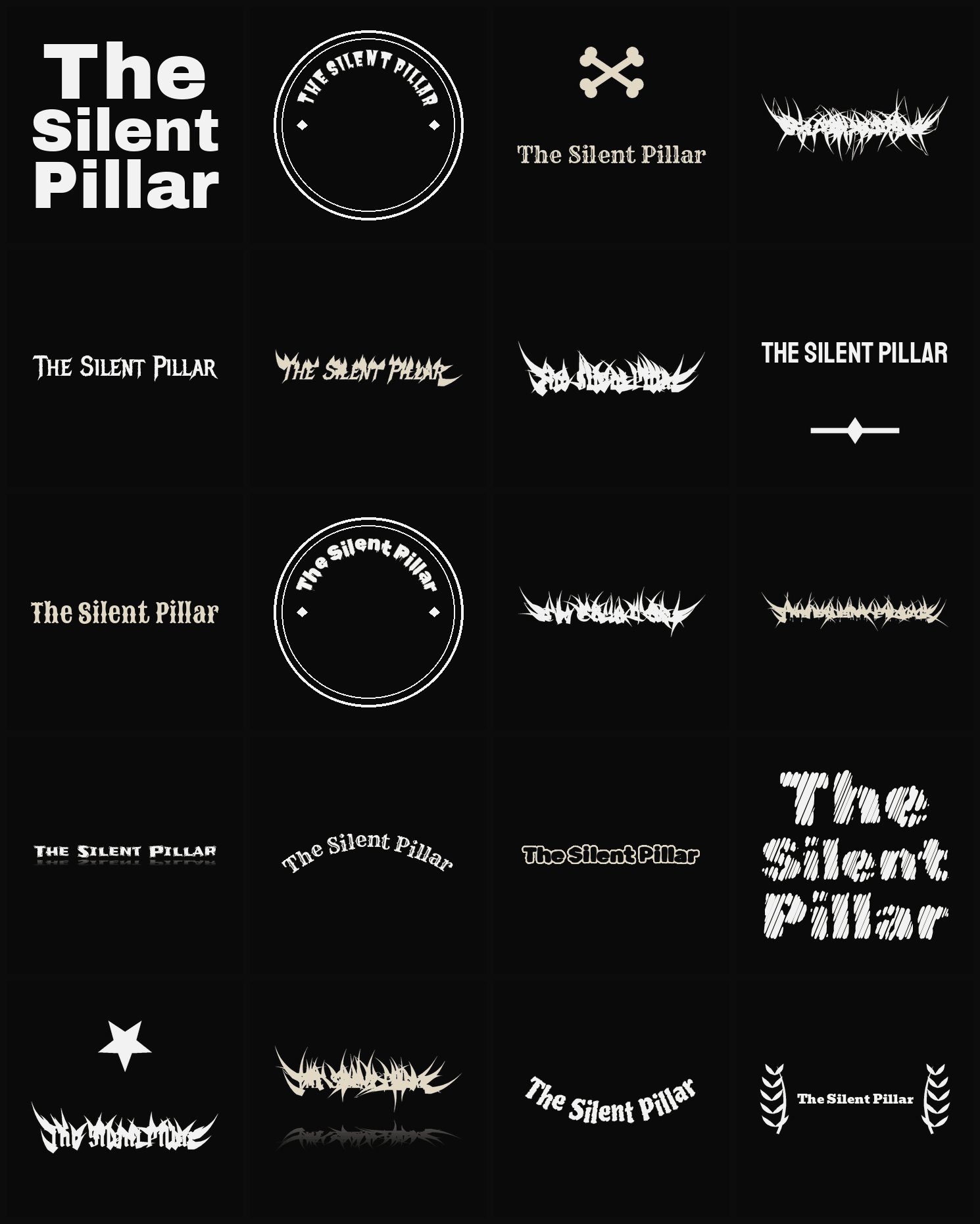 Twenty The Silent Pillar band logo ideas — different faces, treatments and spike settings