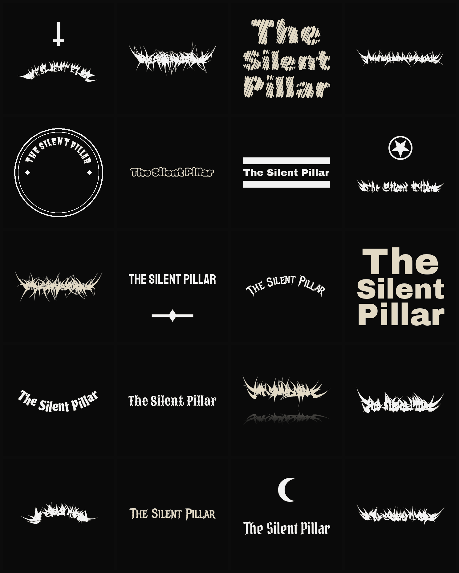 Twenty The Silent Pillar band logo ideas — different faces, treatments and spike settings