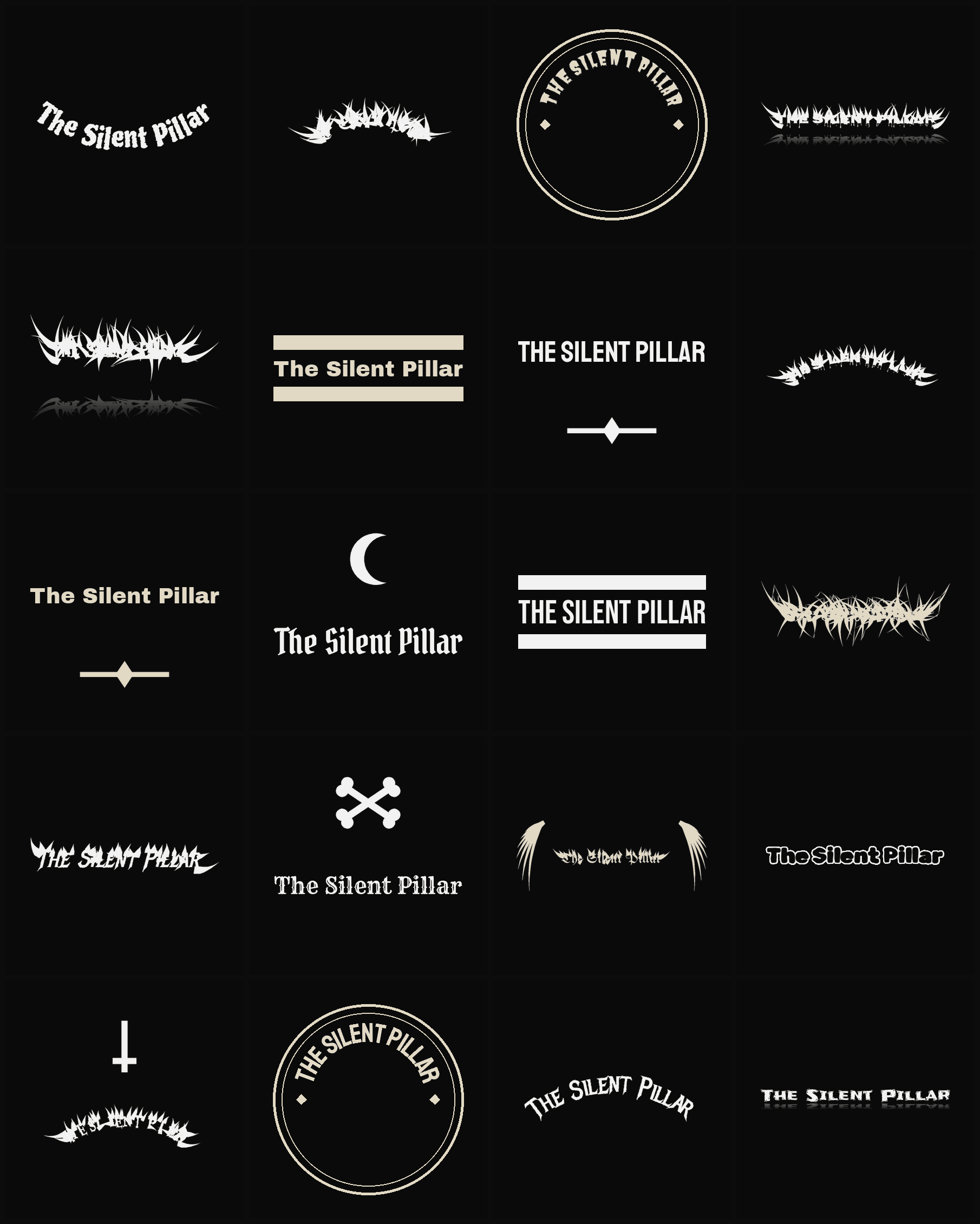 Twenty The Silent Pillar band logo ideas — different faces, treatments and spike settings