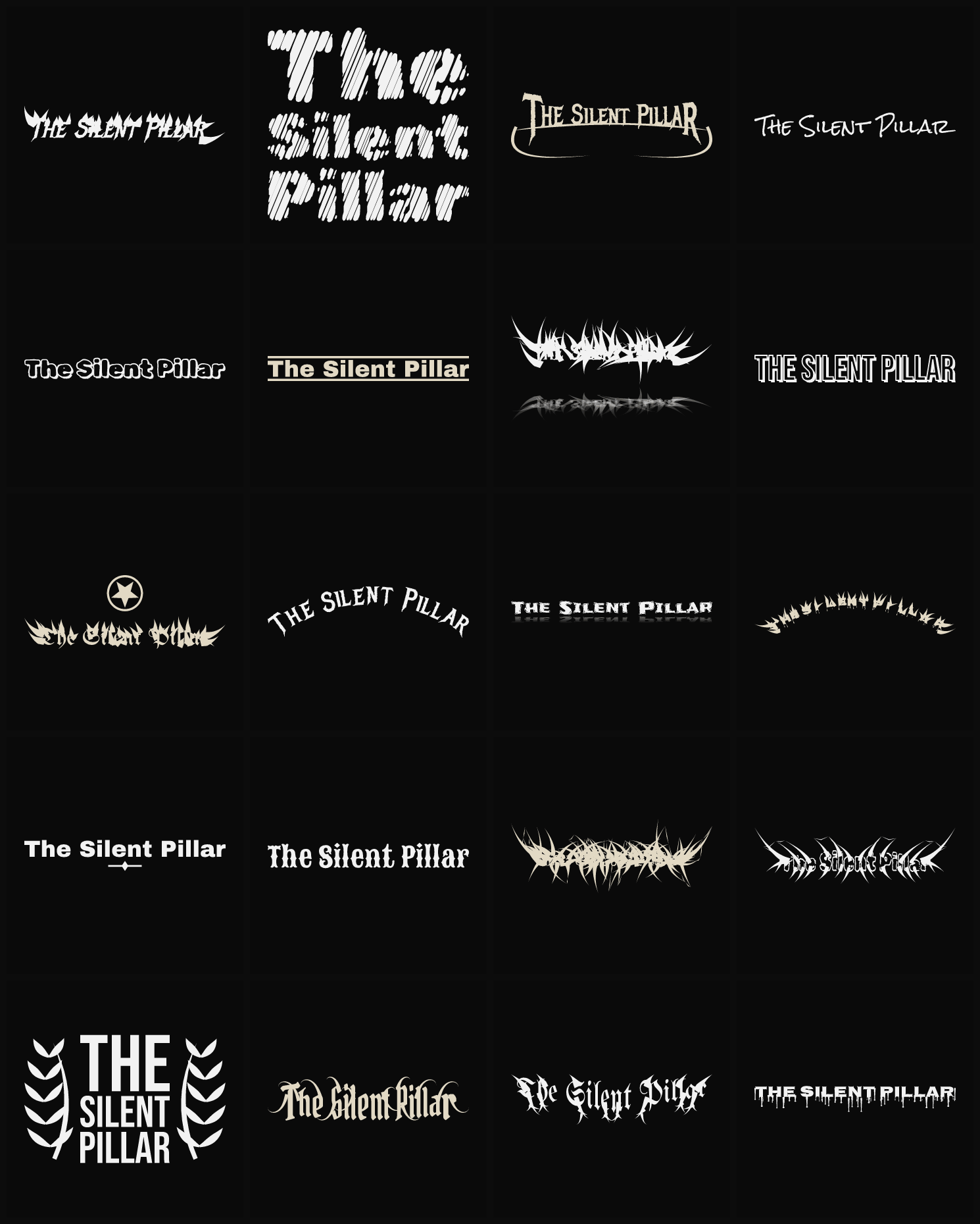 Twenty The Silent Pillar band logo ideas — different faces, treatments and spike settings