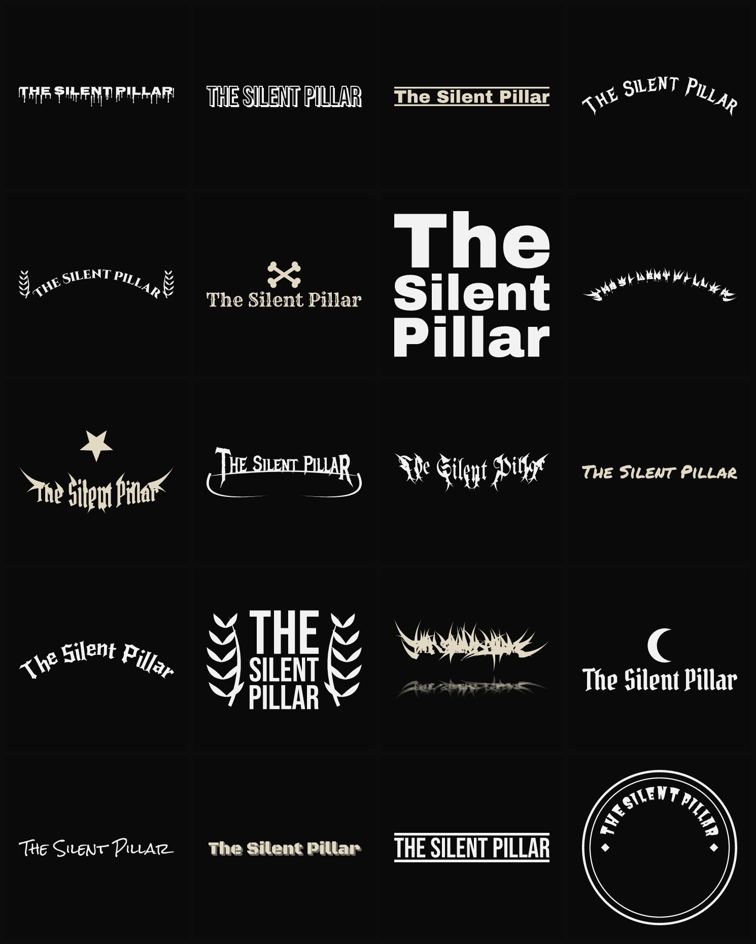 Twenty The Silent Pillar band logo ideas — different faces, treatments and spike settings