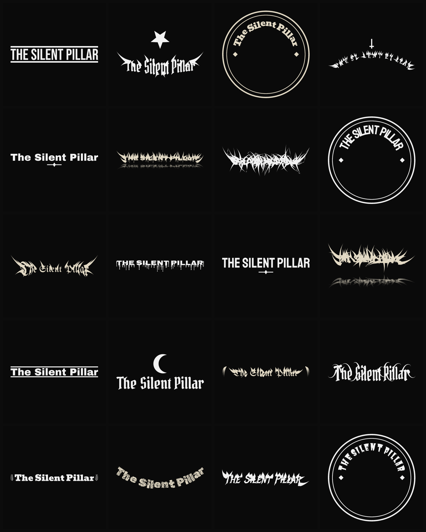 Twenty The Silent Pillar band logo ideas — different faces, treatments and spike settings