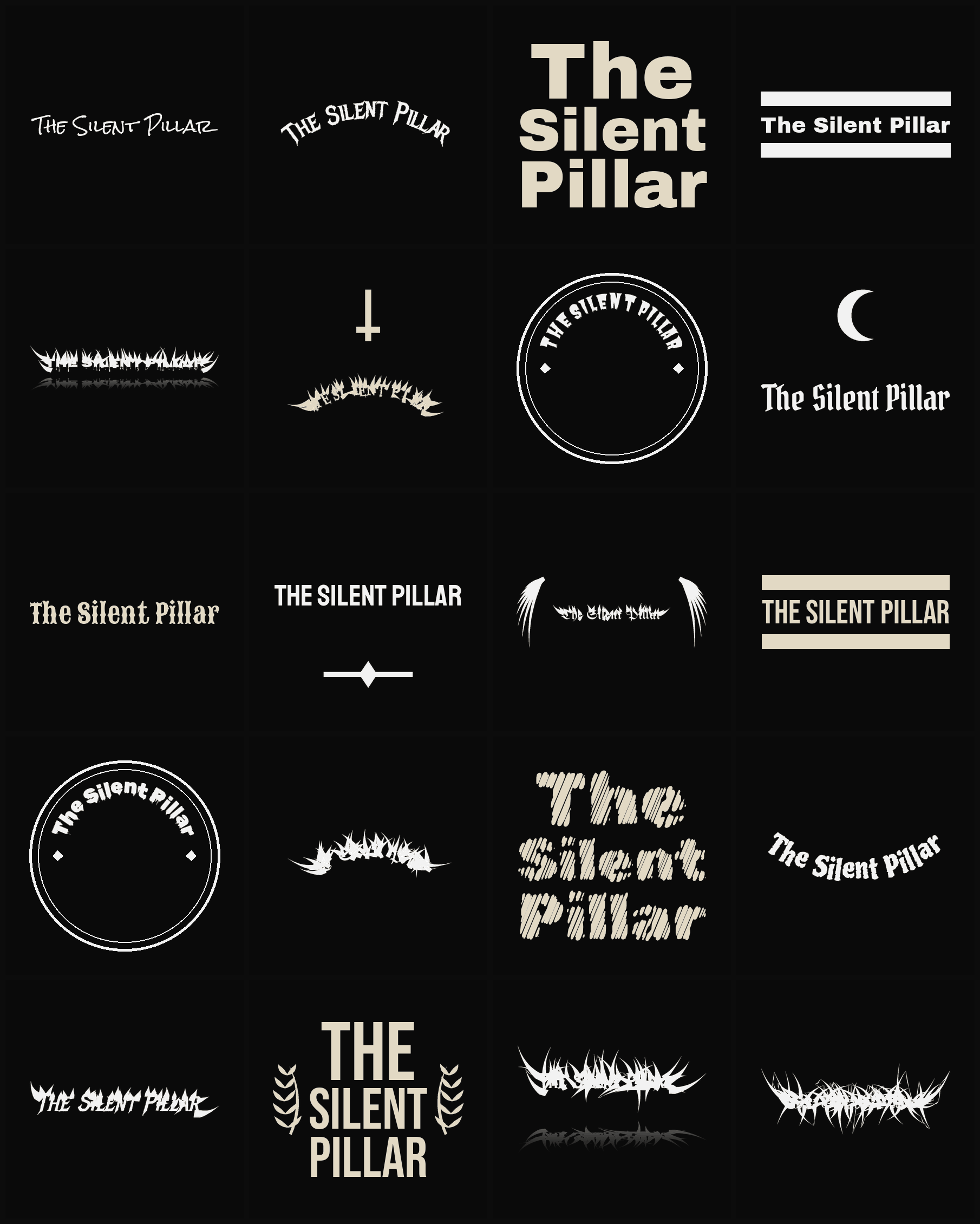 Twenty The Silent Pillar band logo ideas — different faces, treatments and spike settings