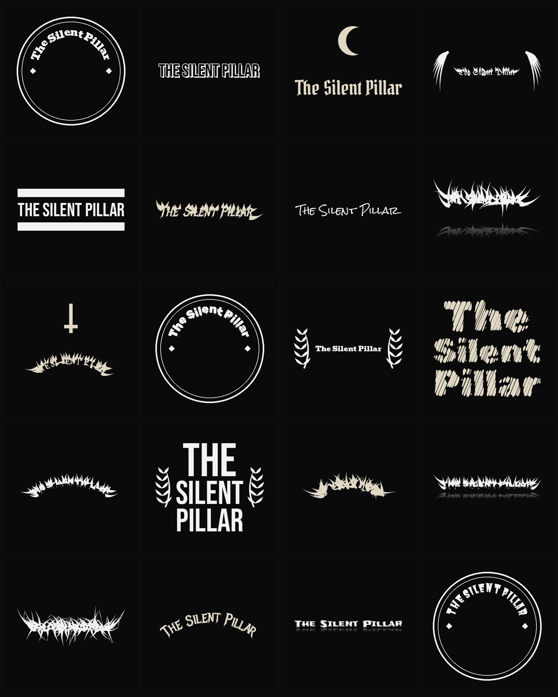 Twenty The Silent Pillar band logo ideas — different faces, treatments and spike settings