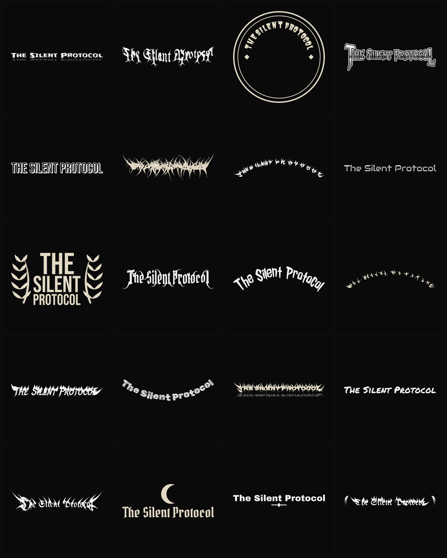 Twenty The Silent Protocol band logo ideas — different faces, treatments and spike settings