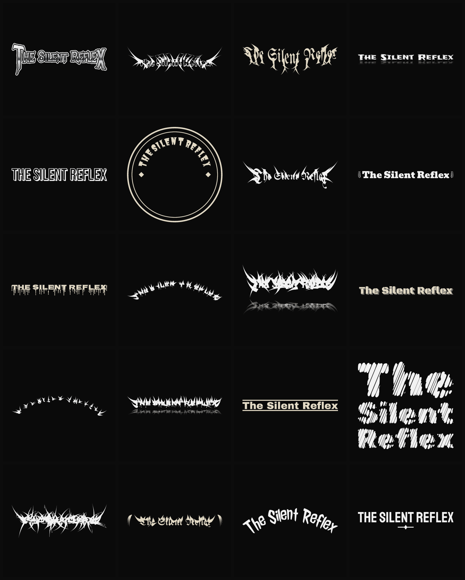 Twenty The Silent Reflex band logo ideas — different faces, treatments and spike settings