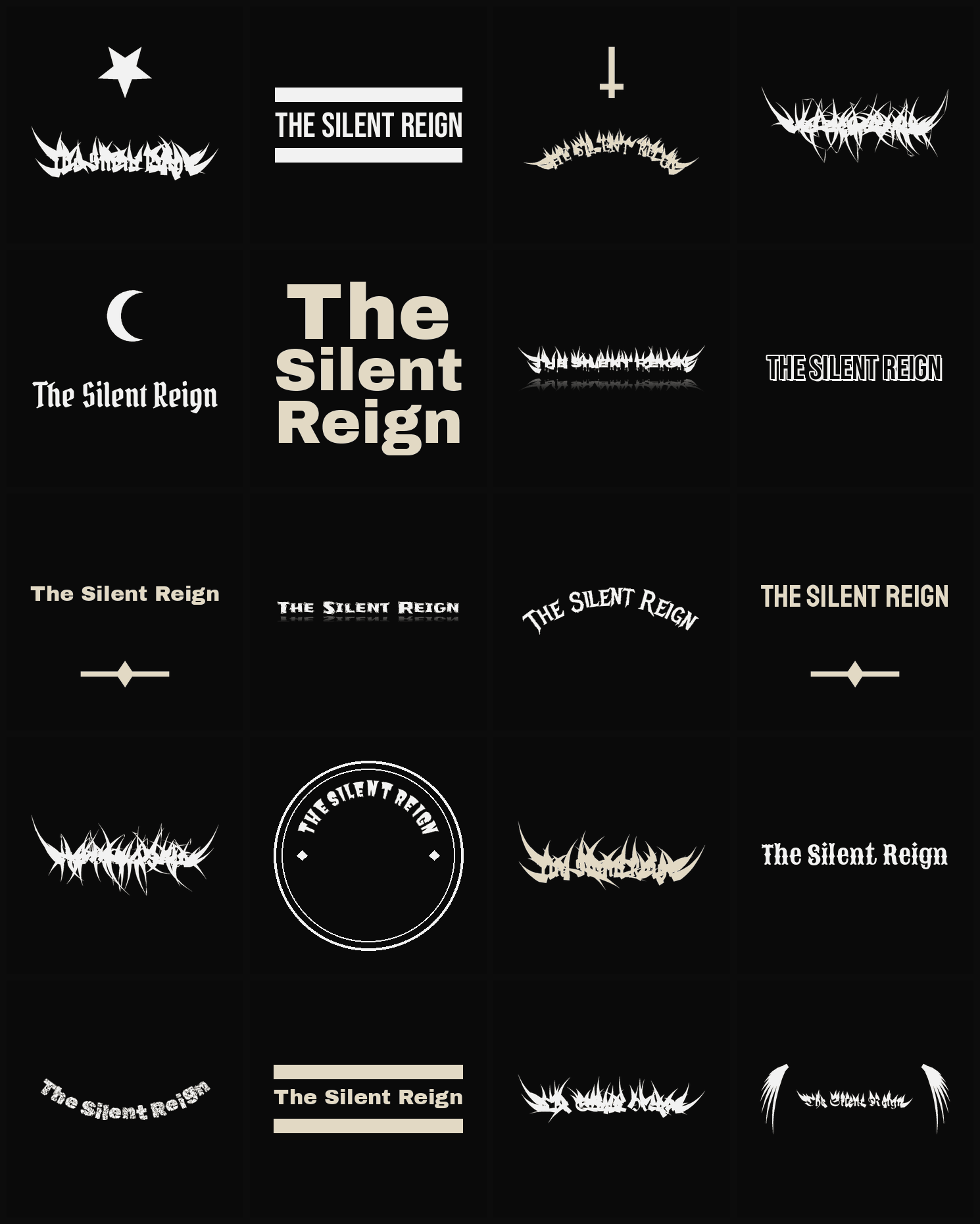Twenty The Silent Reign band logo ideas — different faces, treatments and spike settings