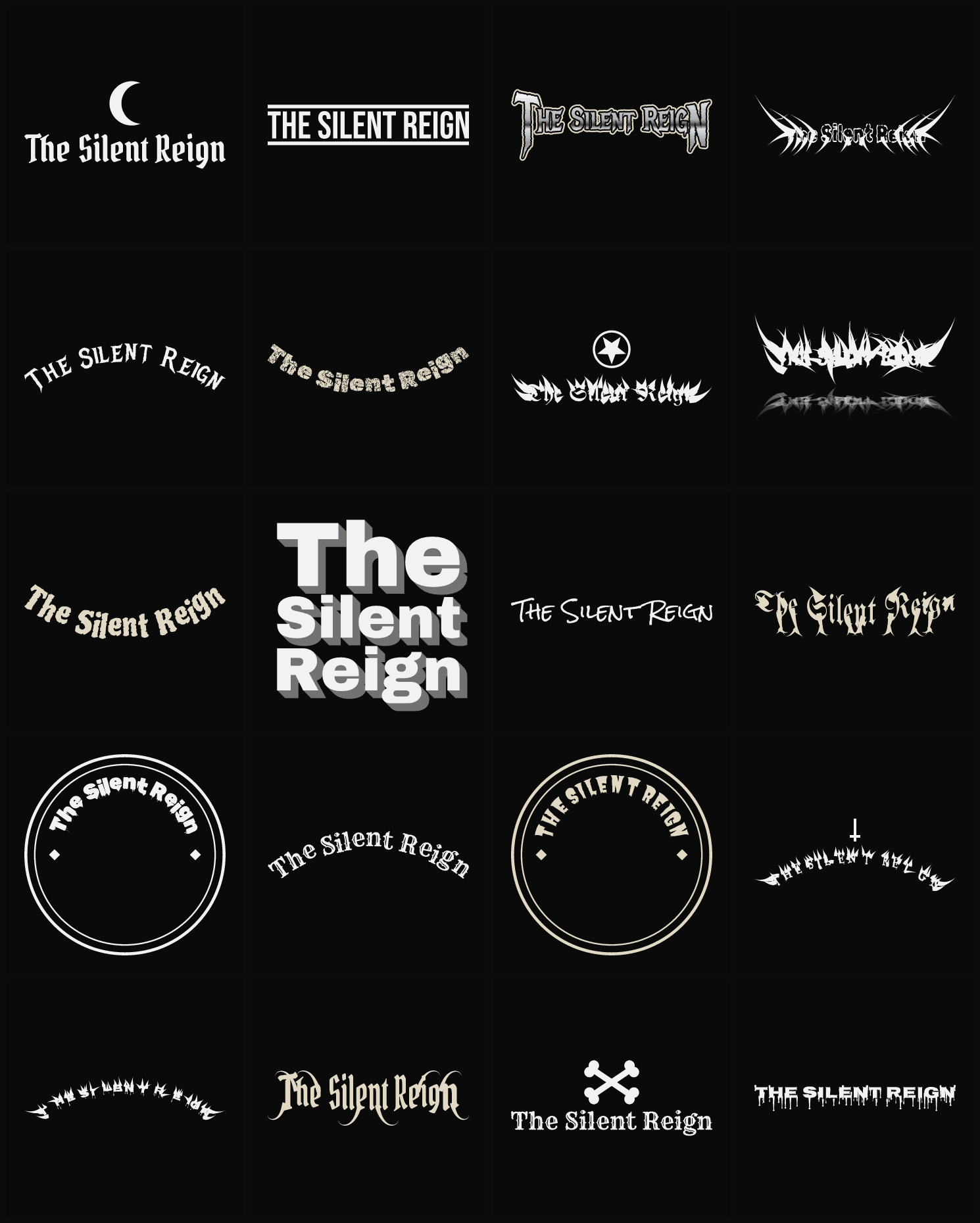 Twenty The Silent Reign band logo ideas — different faces, treatments and spike settings