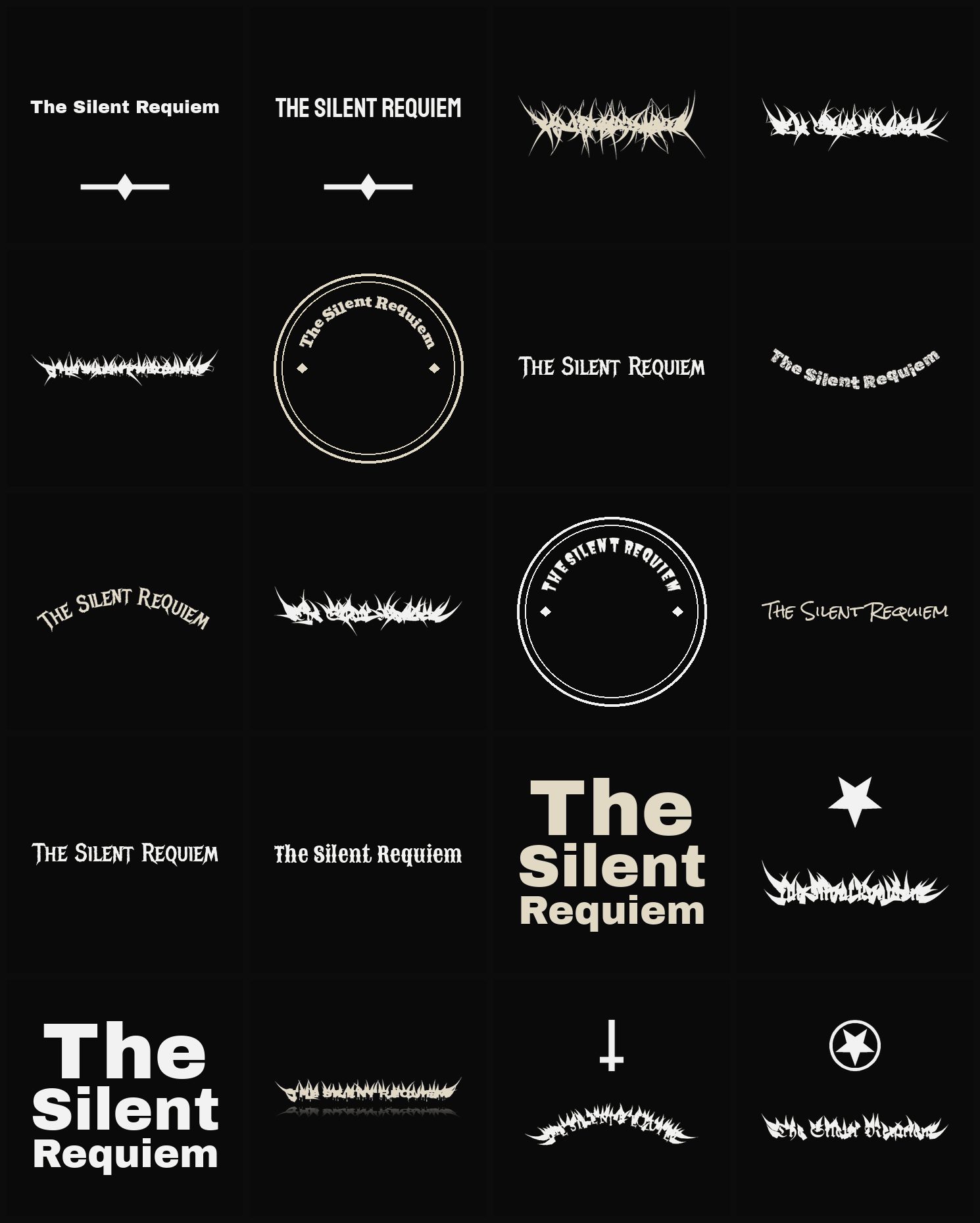Twenty The Silent Requiem band logo ideas — different faces, treatments and spike settings