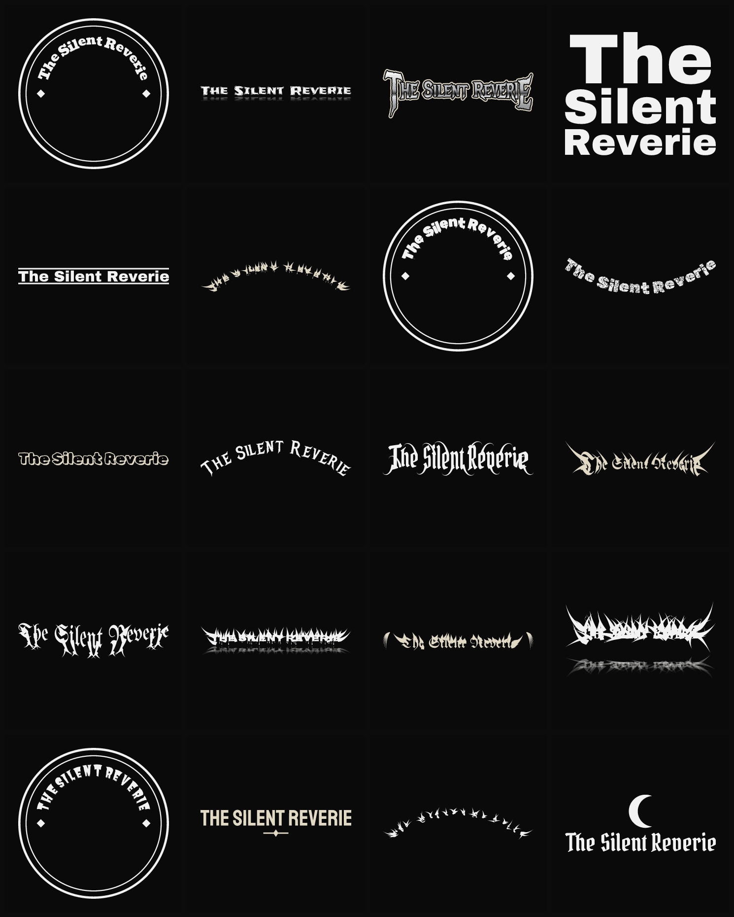 Twenty The Silent Reverie band logo ideas — different faces, treatments and spike settings