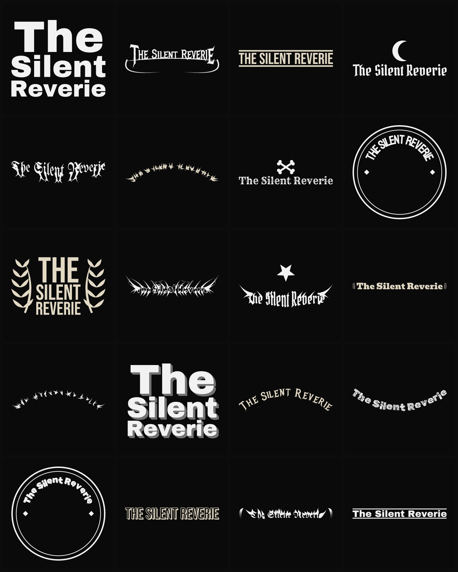 Twenty The Silent Reverie band logo ideas — different faces, treatments and spike settings