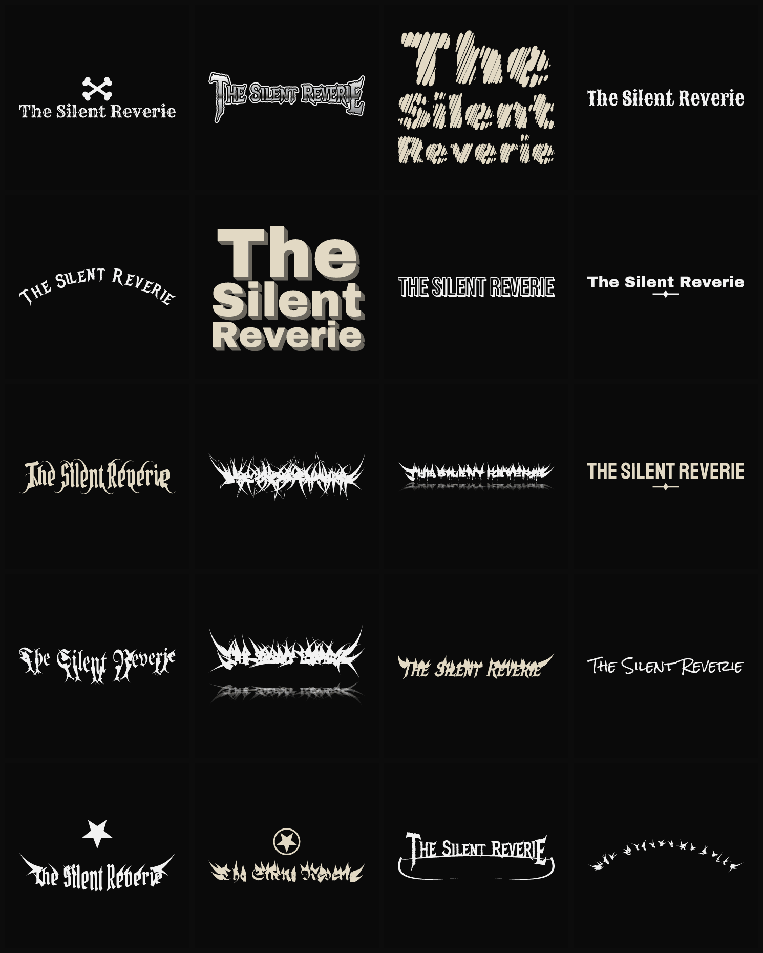 Twenty The Silent Reverie band logo ideas — different faces, treatments and spike settings