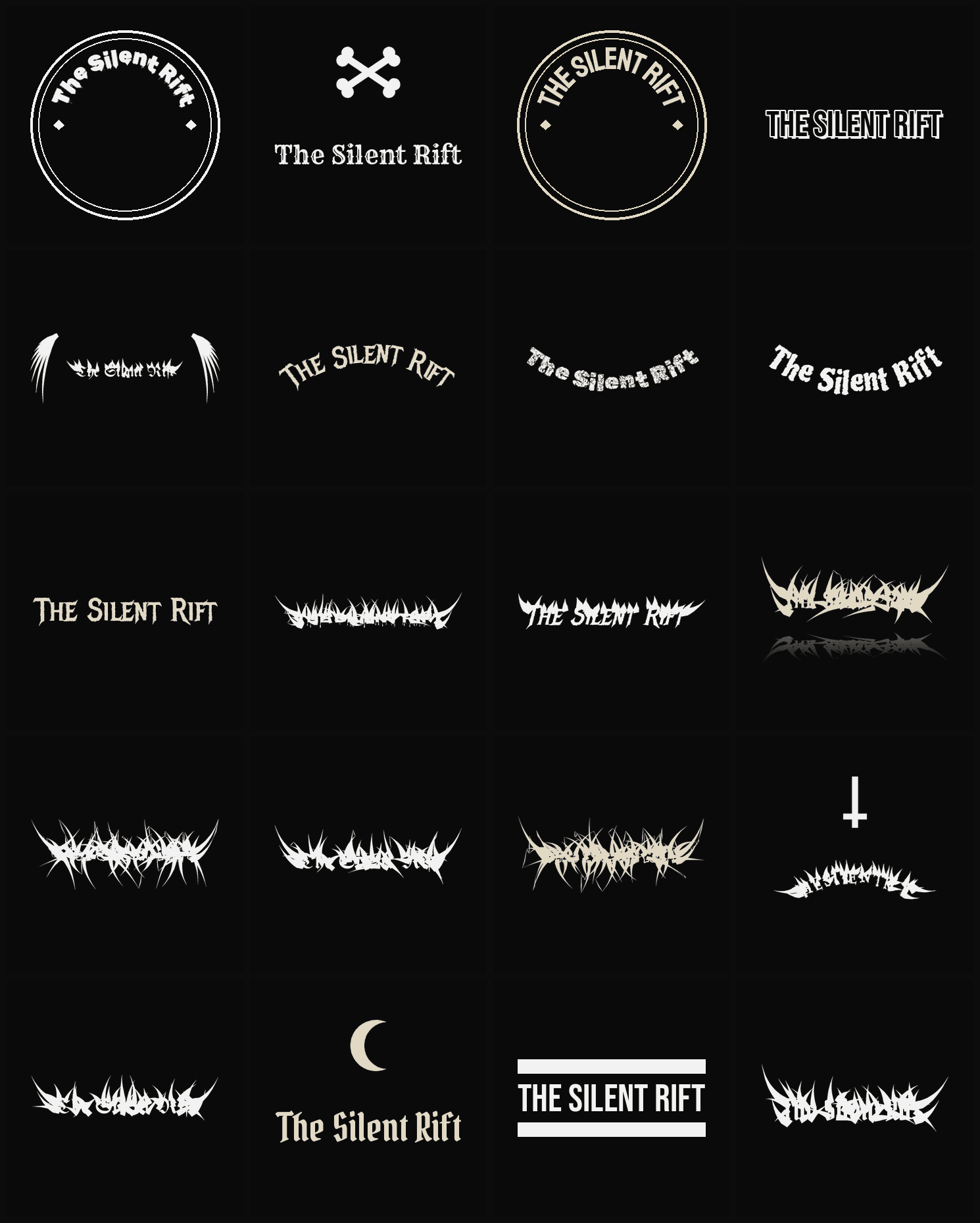 Twenty The Silent Rift band logo ideas — different faces, treatments and spike settings