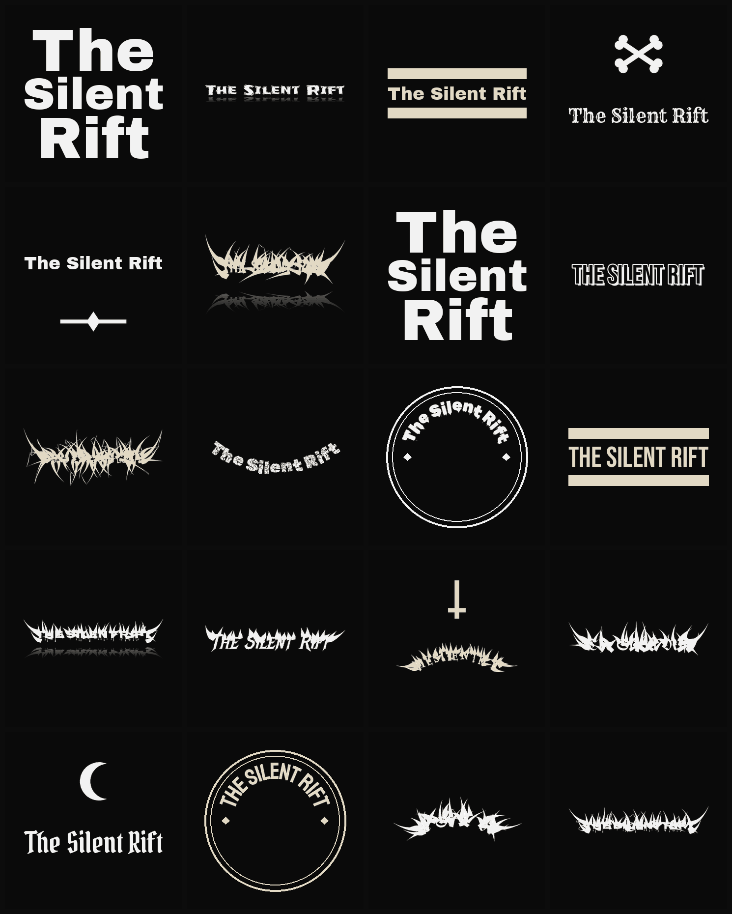 Twenty The Silent Rift band logo ideas — different faces, treatments and spike settings