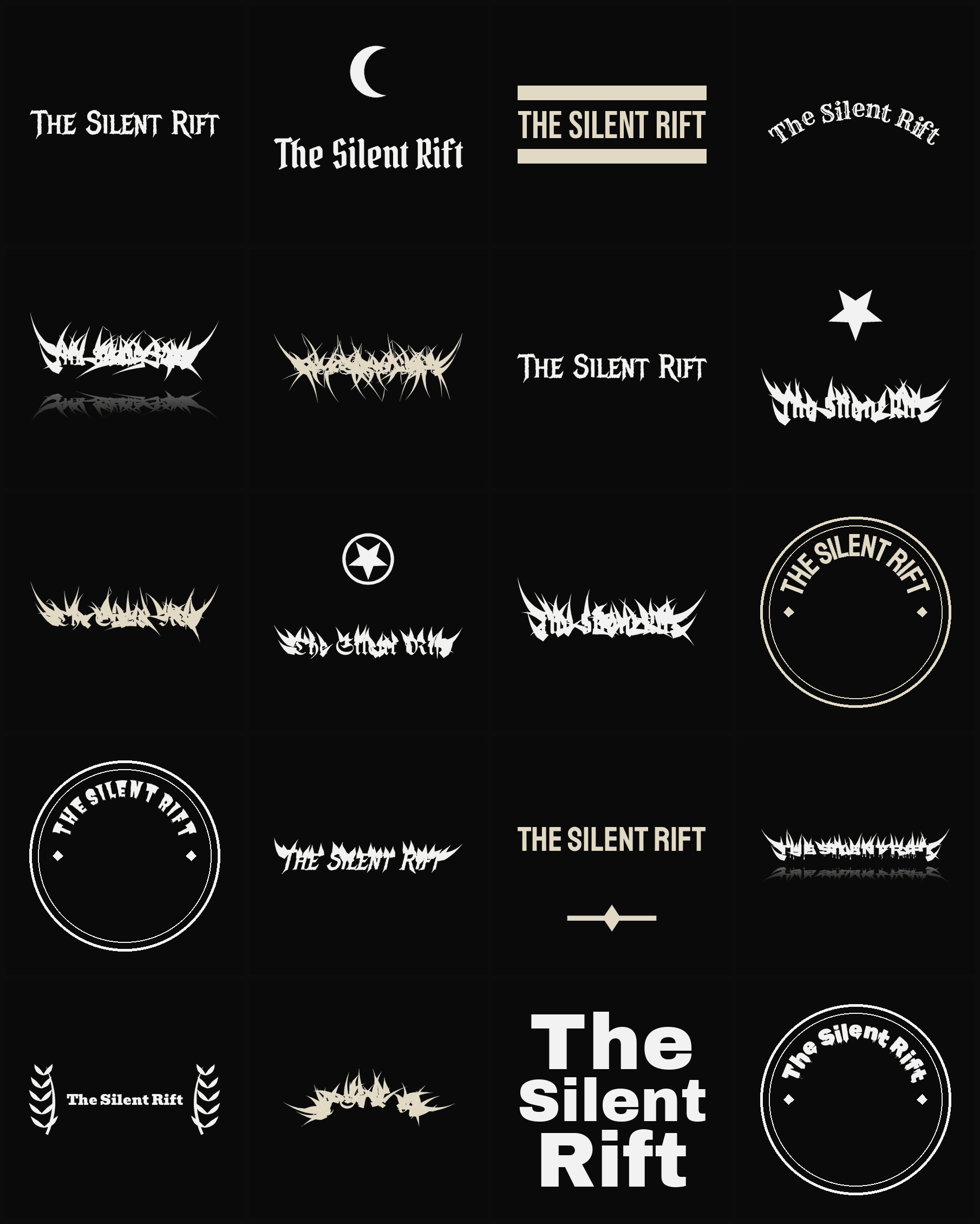 Twenty The Silent Rift band logo ideas — different faces, treatments and spike settings
