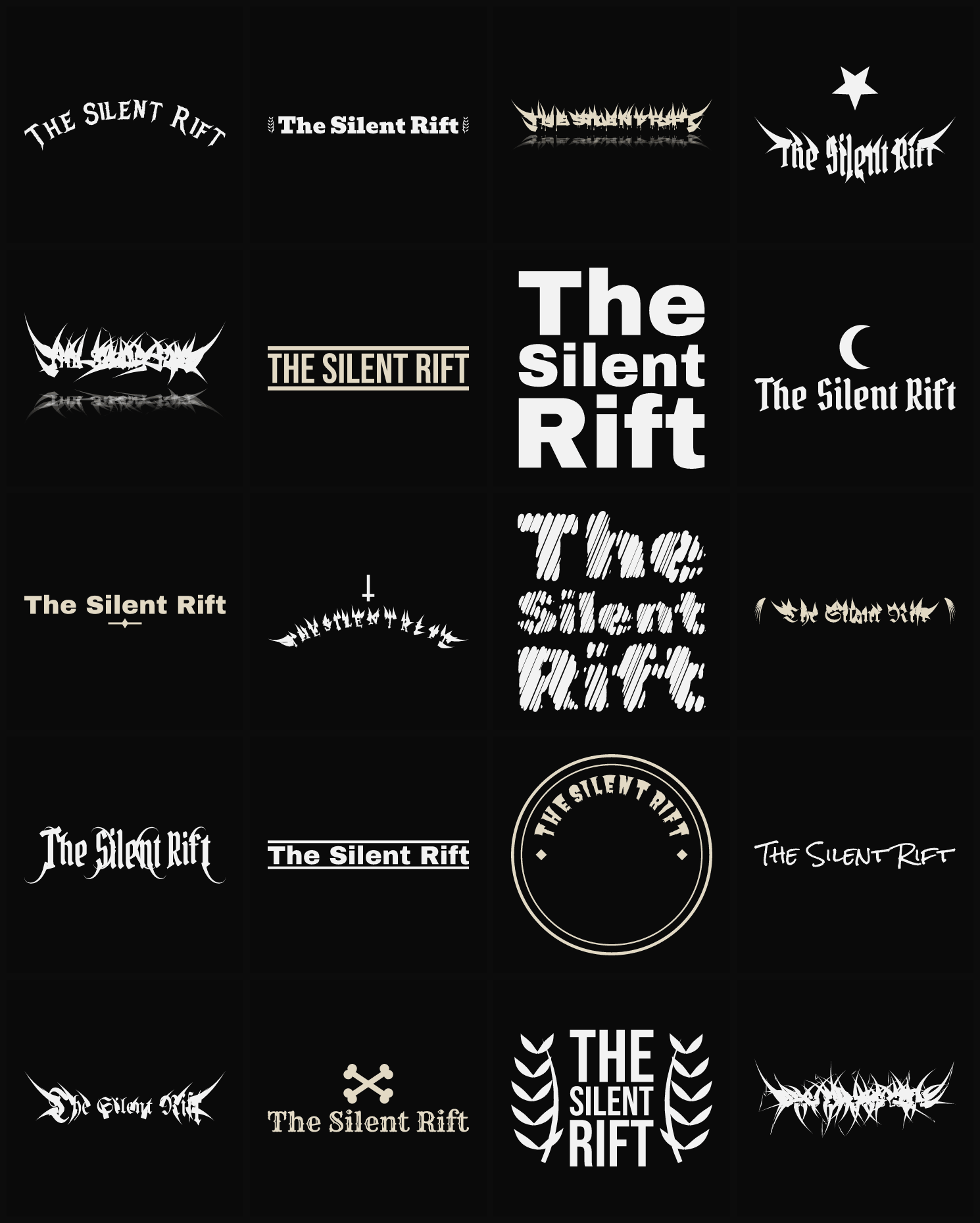 Twenty The Silent Rift band logo ideas — different faces, treatments and spike settings