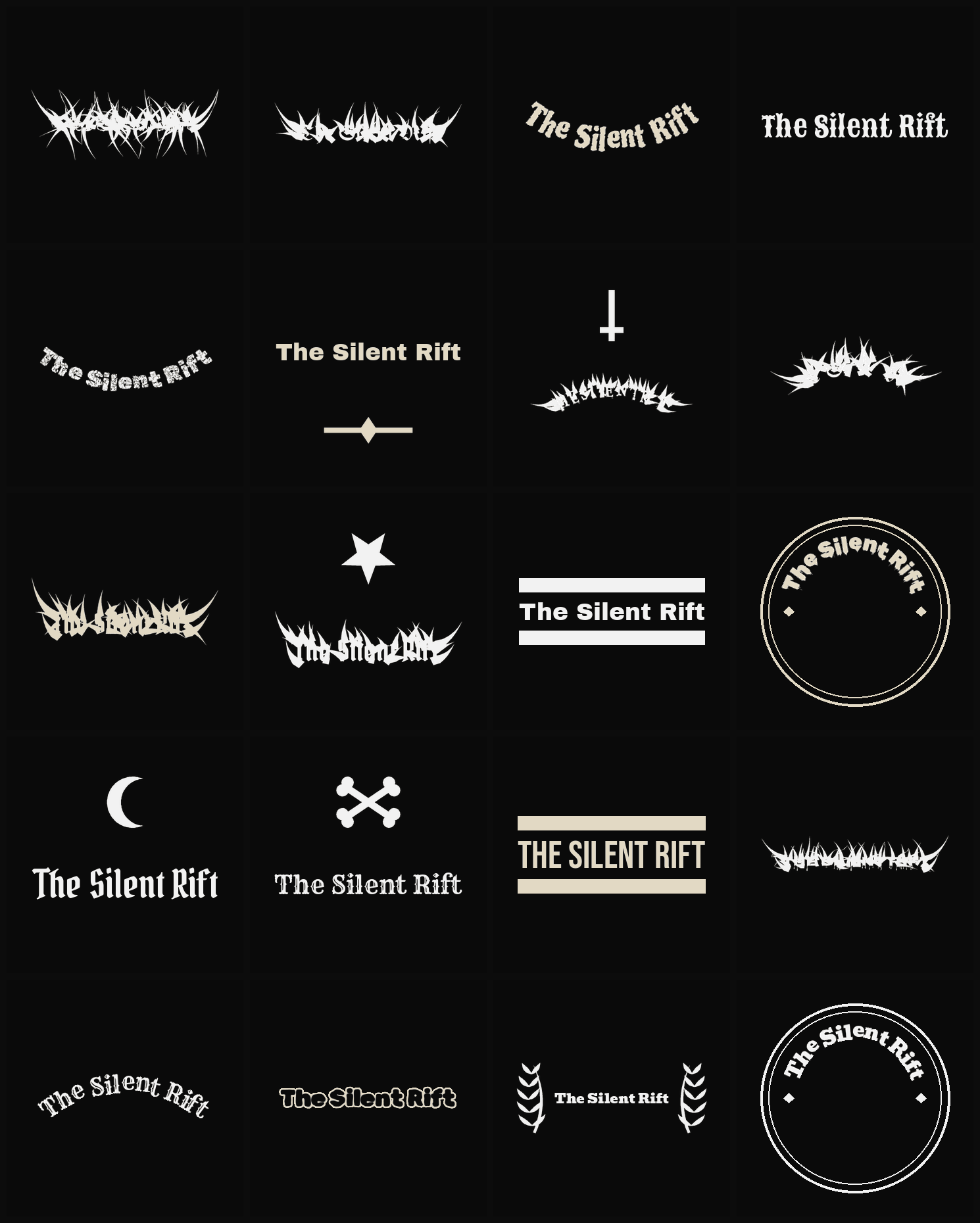Twenty The Silent Rift band logo ideas — different faces, treatments and spike settings