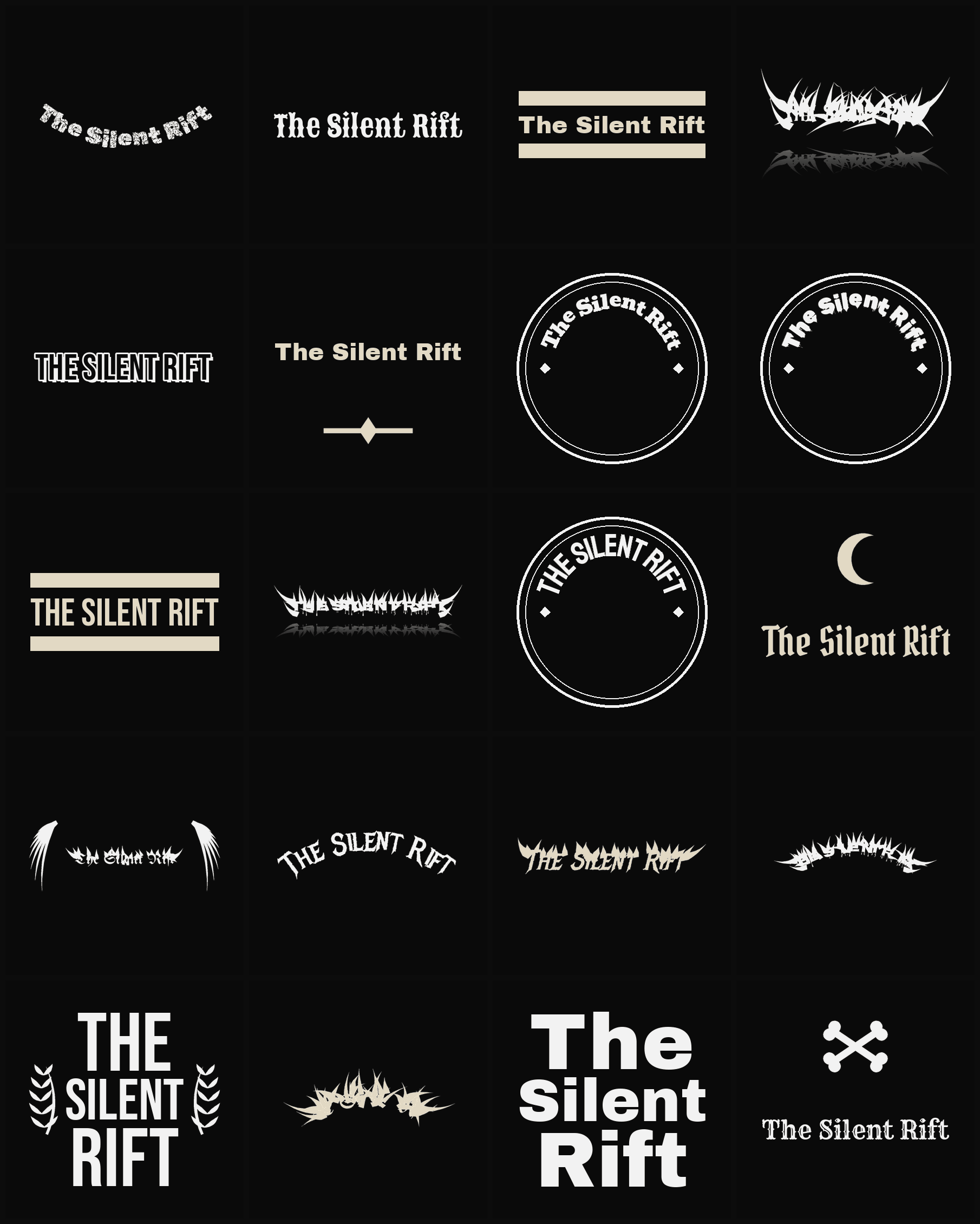 Twenty The Silent Rift band logo ideas — different faces, treatments and spike settings