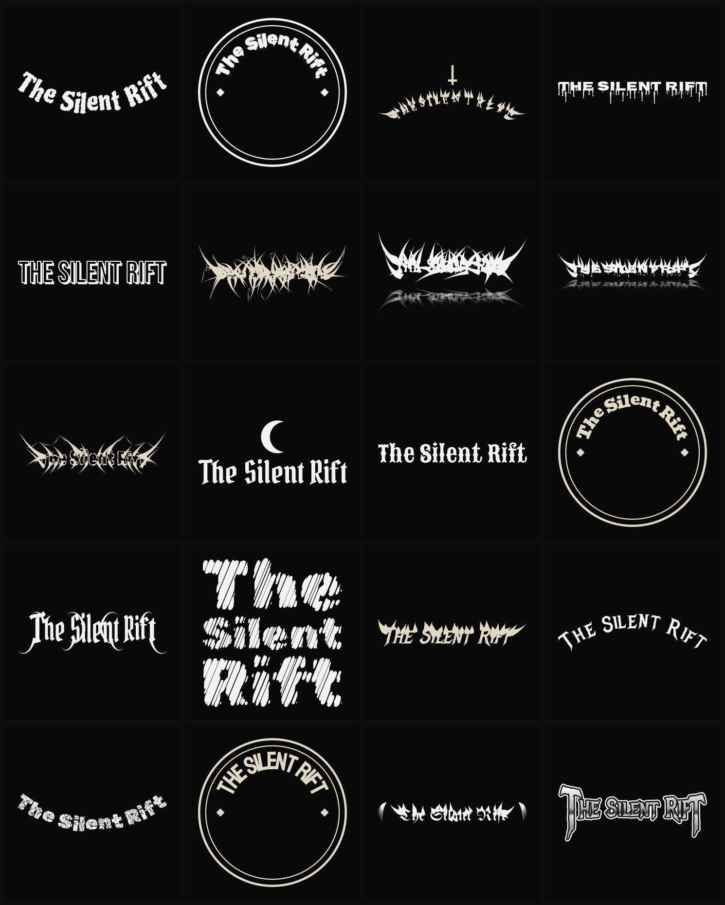 Twenty The Silent Rift band logo ideas — different faces, treatments and spike settings
